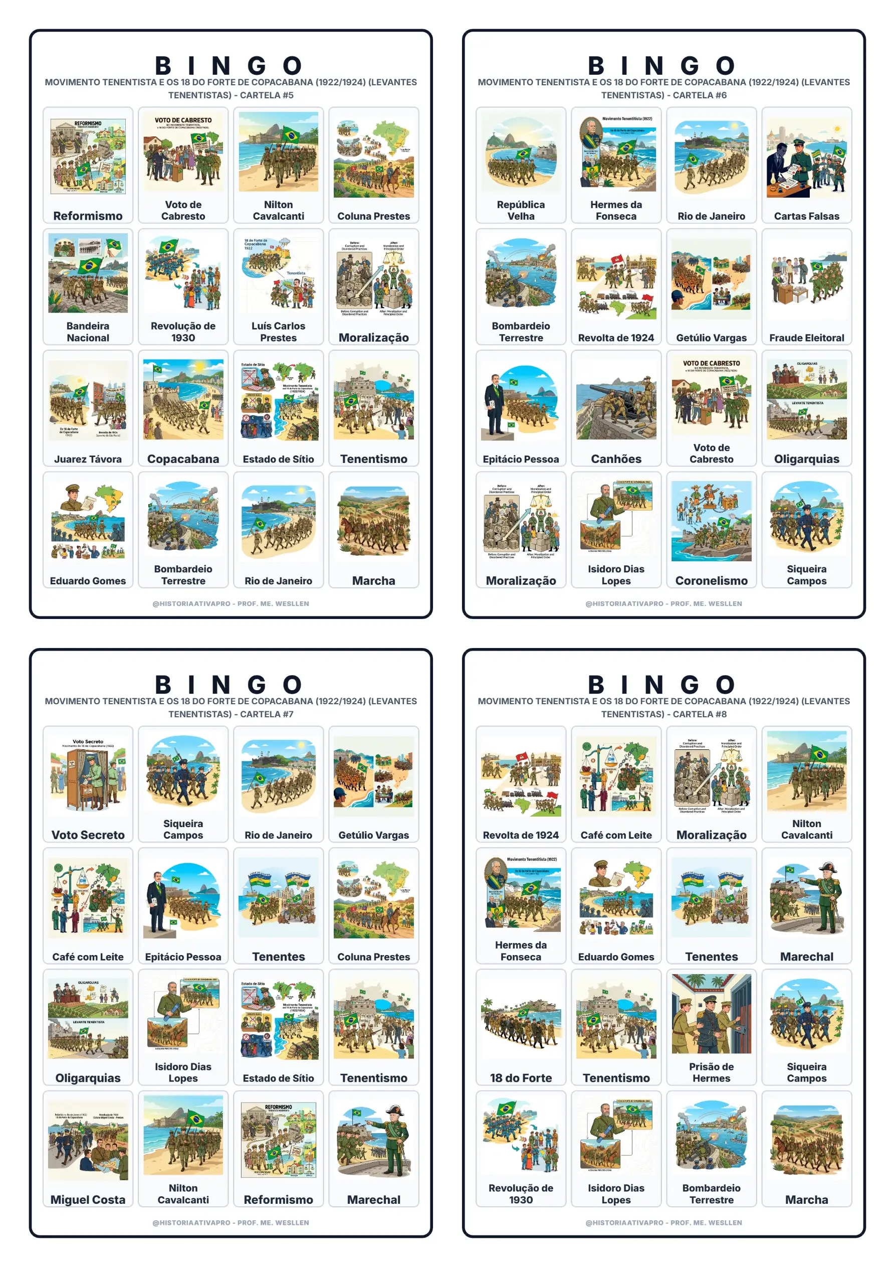 Bingo de História: Movimento Tenentista - 9º Ano — amostra 4: Jogo de Bingo sobre o Movimento Tenentista e os 18 do Forte…