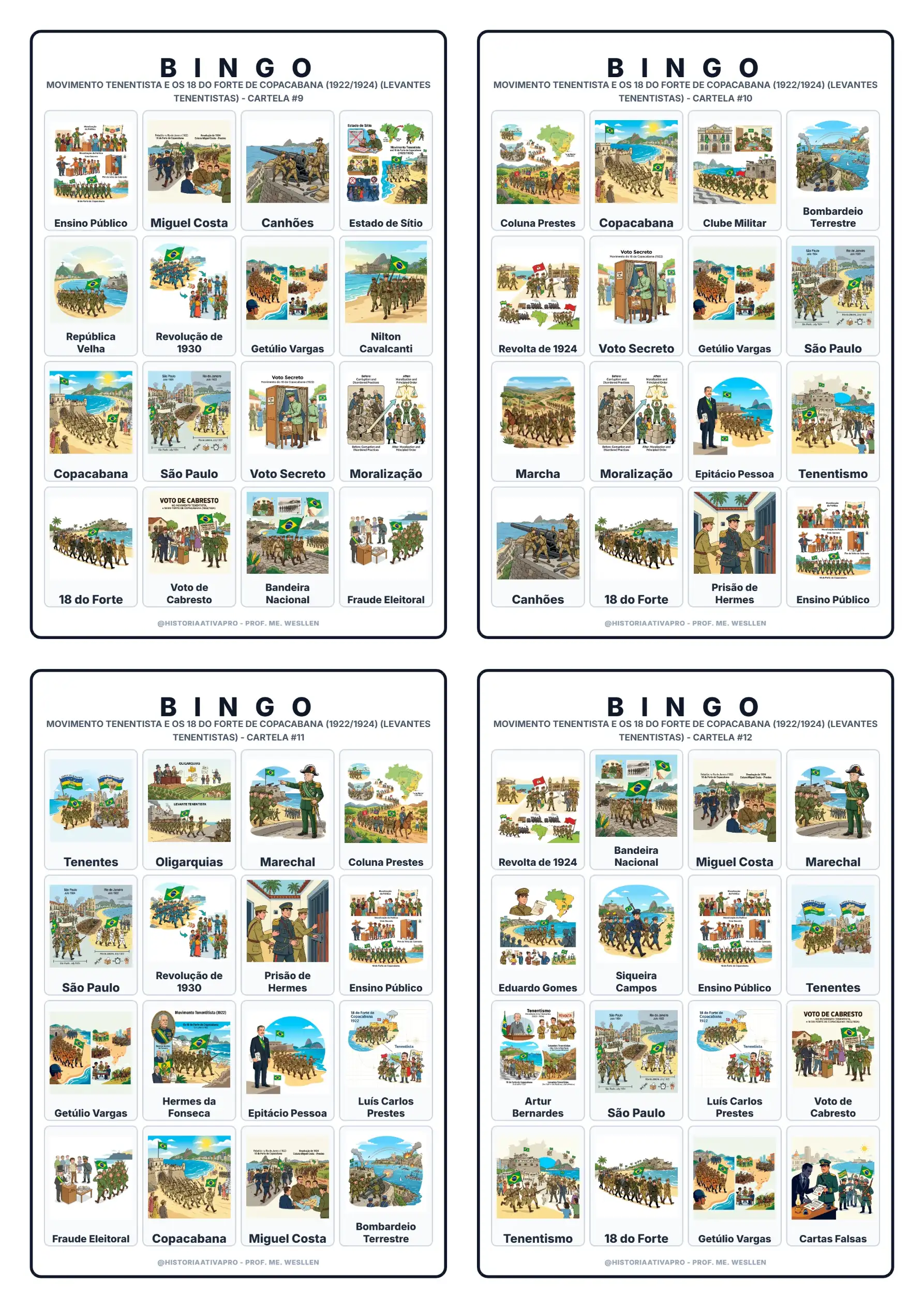 Bingo de História: Movimento Tenentista - 9º Ano — amostra 5: Jogo de Bingo sobre o Movimento Tenentista e os 18 do Forte…