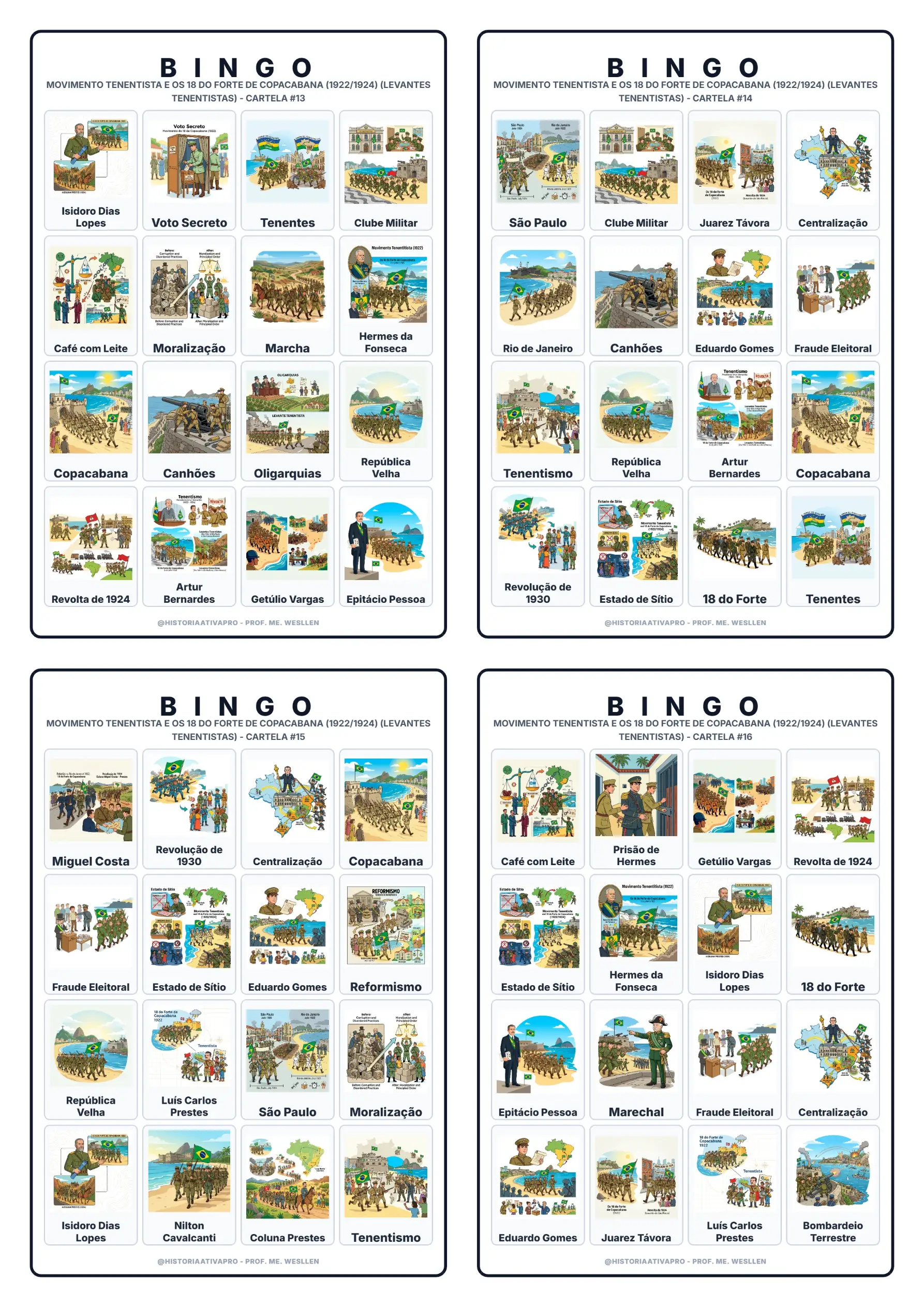 Bingo de História: Movimento Tenentista - 9º Ano — amostra 6: Jogo de Bingo sobre o Movimento Tenentista e os 18 do Forte…