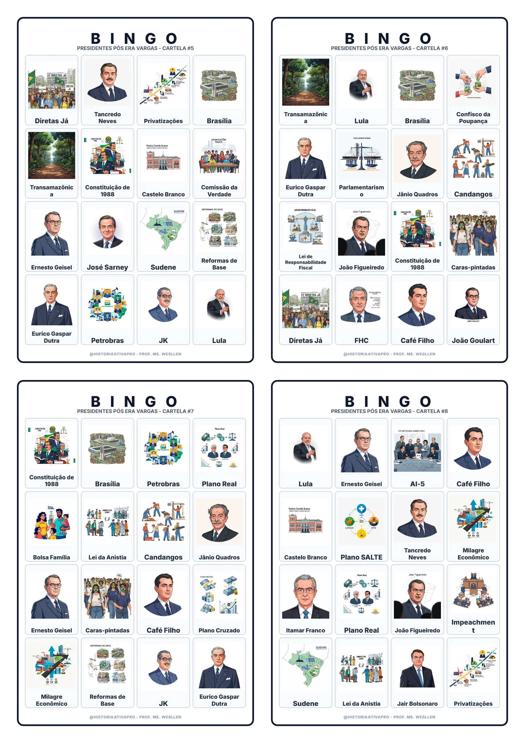 Bingo de História: Presidentes Pós-Vargas - 9º Ano — amostra 3: Jogo de Bingo sobre os Presidentes Pós-Era Vargas e a…