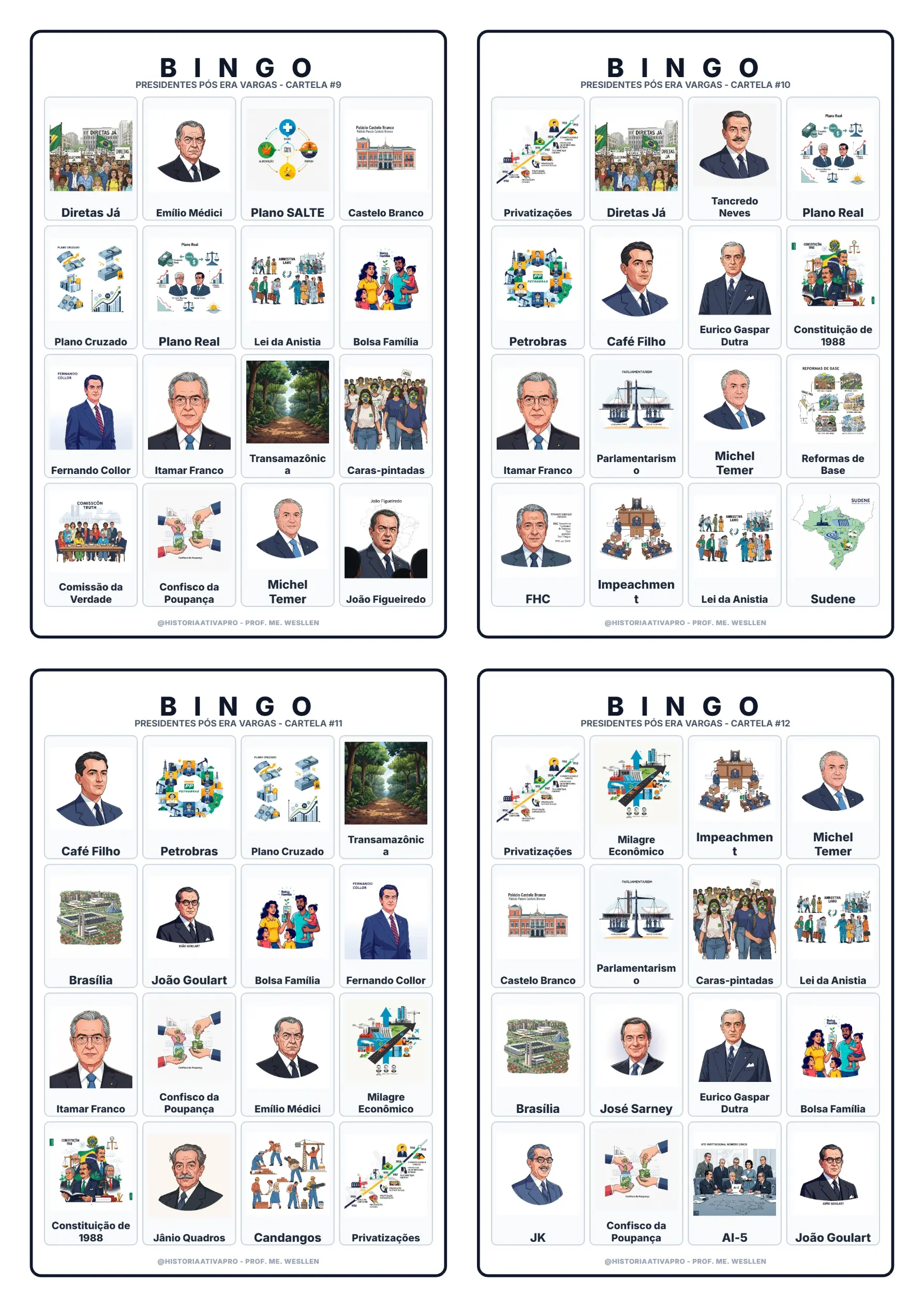 Bingo de História: Presidentes Pós-Vargas - 9º Ano — amostra 4: Jogo de Bingo sobre os Presidentes Pós-Era Vargas e a…