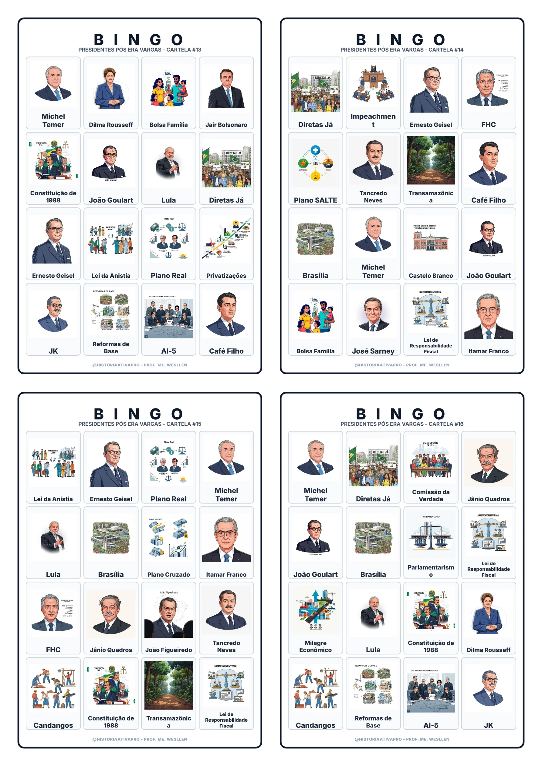 Bingo de História: Presidentes Pós-Vargas - 9º Ano — amostra 5: Jogo de Bingo sobre os Presidentes Pós-Era Vargas e a…