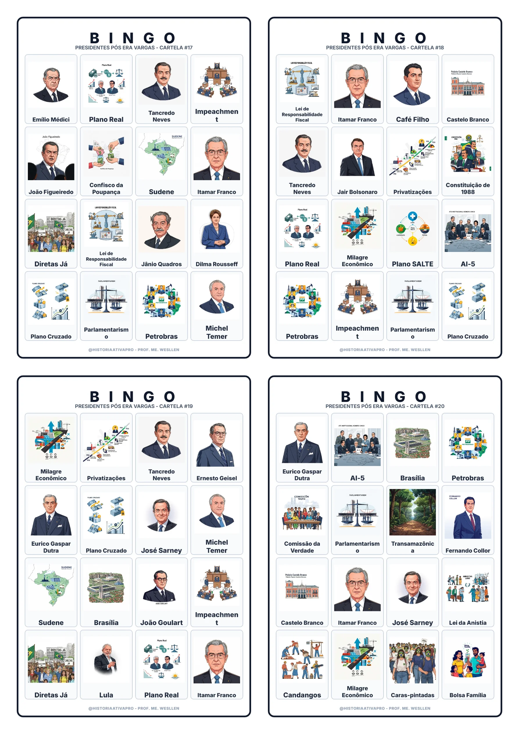 Bingo de História: Presidentes Pós-Vargas - 9º Ano — amostra 6: Jogo de Bingo sobre os Presidentes Pós-Era Vargas e a…