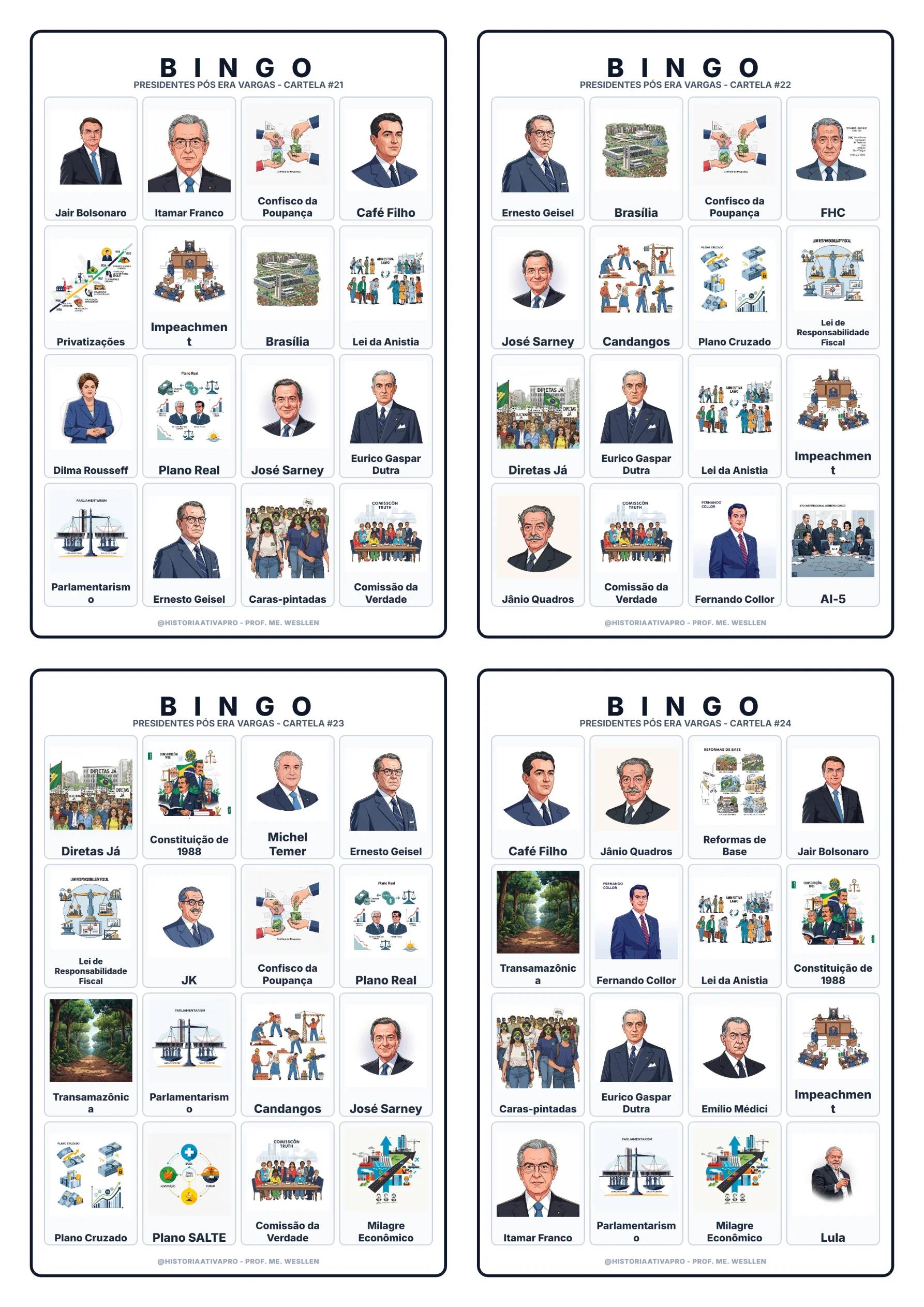 Bingo de História: Presidentes Pós-Vargas - 9º Ano — amostra 7: Jogo de Bingo sobre os Presidentes Pós-Era Vargas e a…