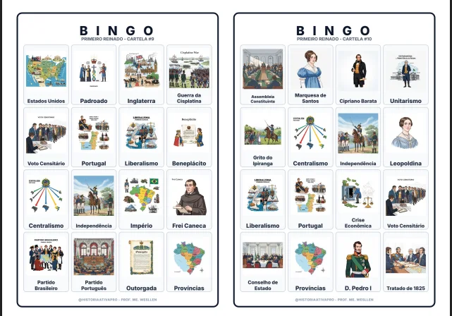 Bingo de História: Primeiro Reinado - 8º Ano — amostra 3: Jogo de Bingo sobre o Primeiro Reinado (1822–1831)