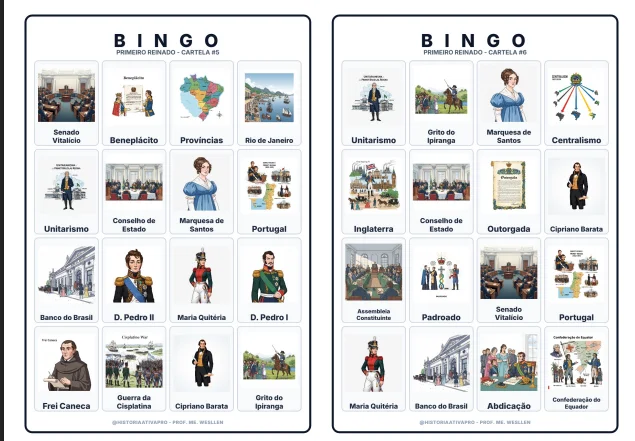 Bingo de História: Primeiro Reinado - 8º Ano — amostra 4: Jogo de Bingo sobre o Primeiro Reinado (1822–1831)