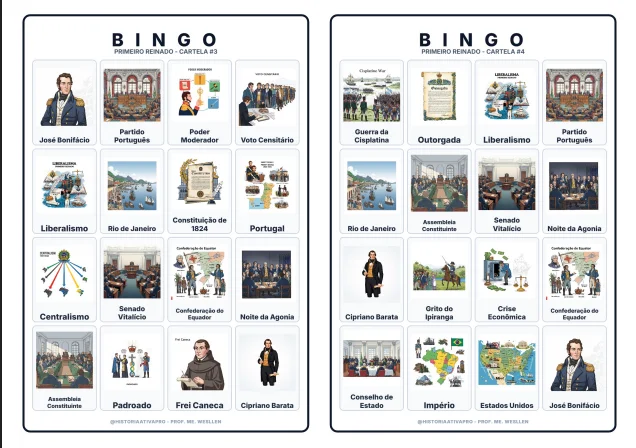 Bingo de História: Primeiro Reinado - 8º Ano — amostra 5: Jogo de Bingo sobre o Primeiro Reinado (1822–1831)