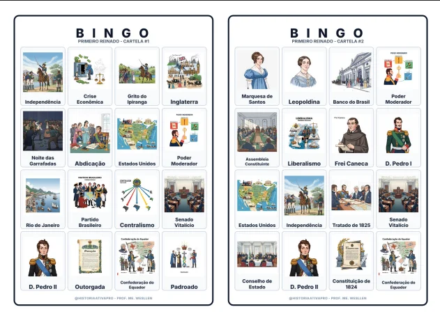 Bingo de História: Primeiro Reinado - 8º Ano — amostra 6: Jogo de Bingo sobre o Primeiro Reinado (1822–1831)