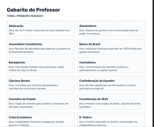 Bingo de História: Primeiro Reinado - 8º Ano — amostra 7: Jogo de Bingo sobre o Primeiro Reinado (1822–1831)