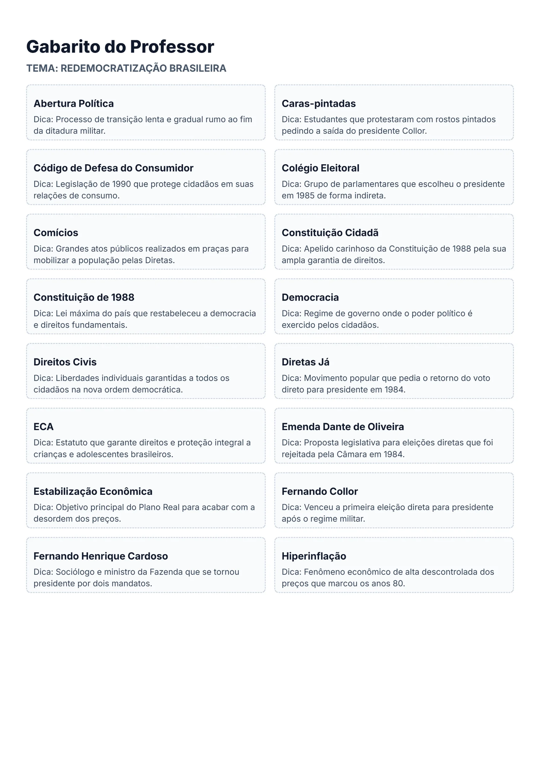 Bingo de História: Redemocratização - 9º Ano — amostra 1: O que é o material? O Bingo de História: Redemocratização…