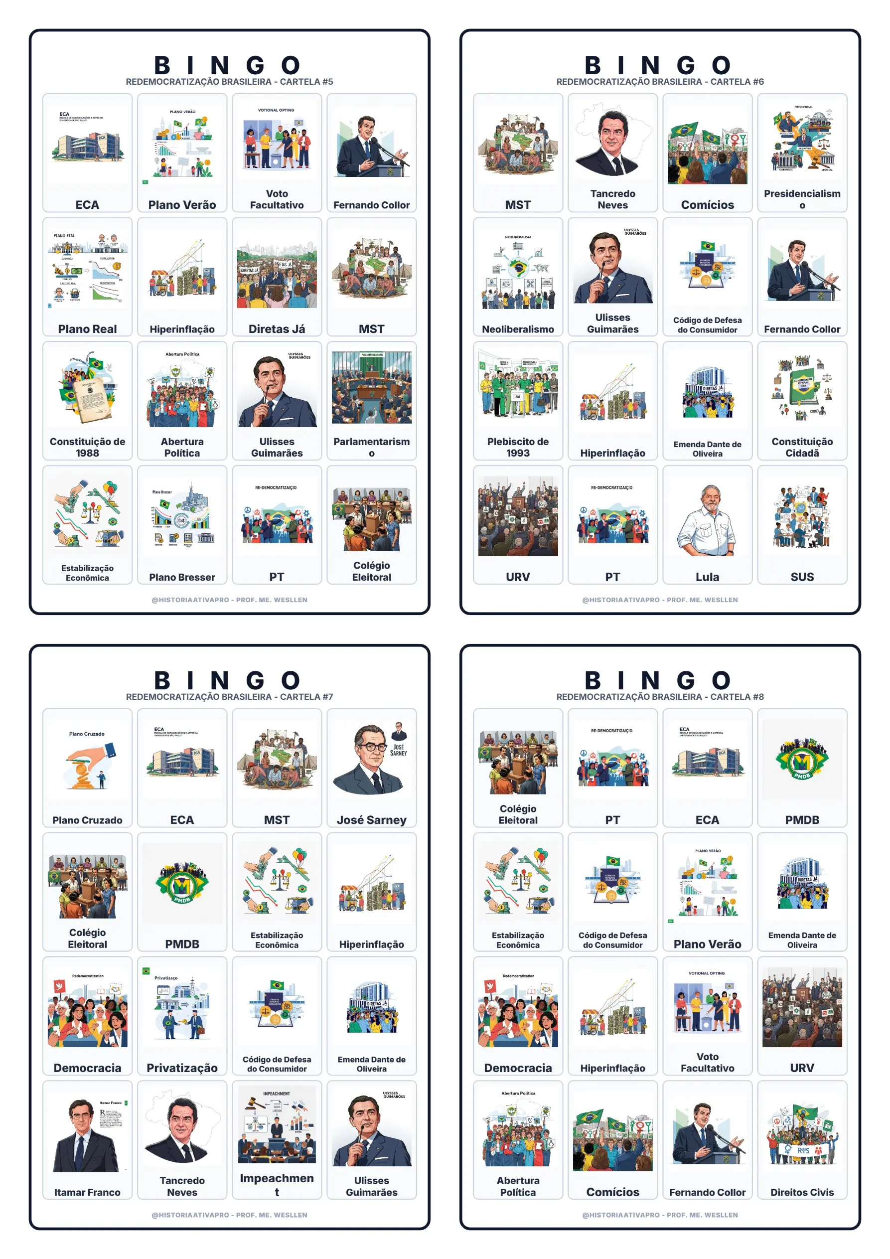 Bingo de História: Redemocratização - 9º Ano — amostra 4: Jogo de Bingo sobre a Redemocratização Brasileira e a…