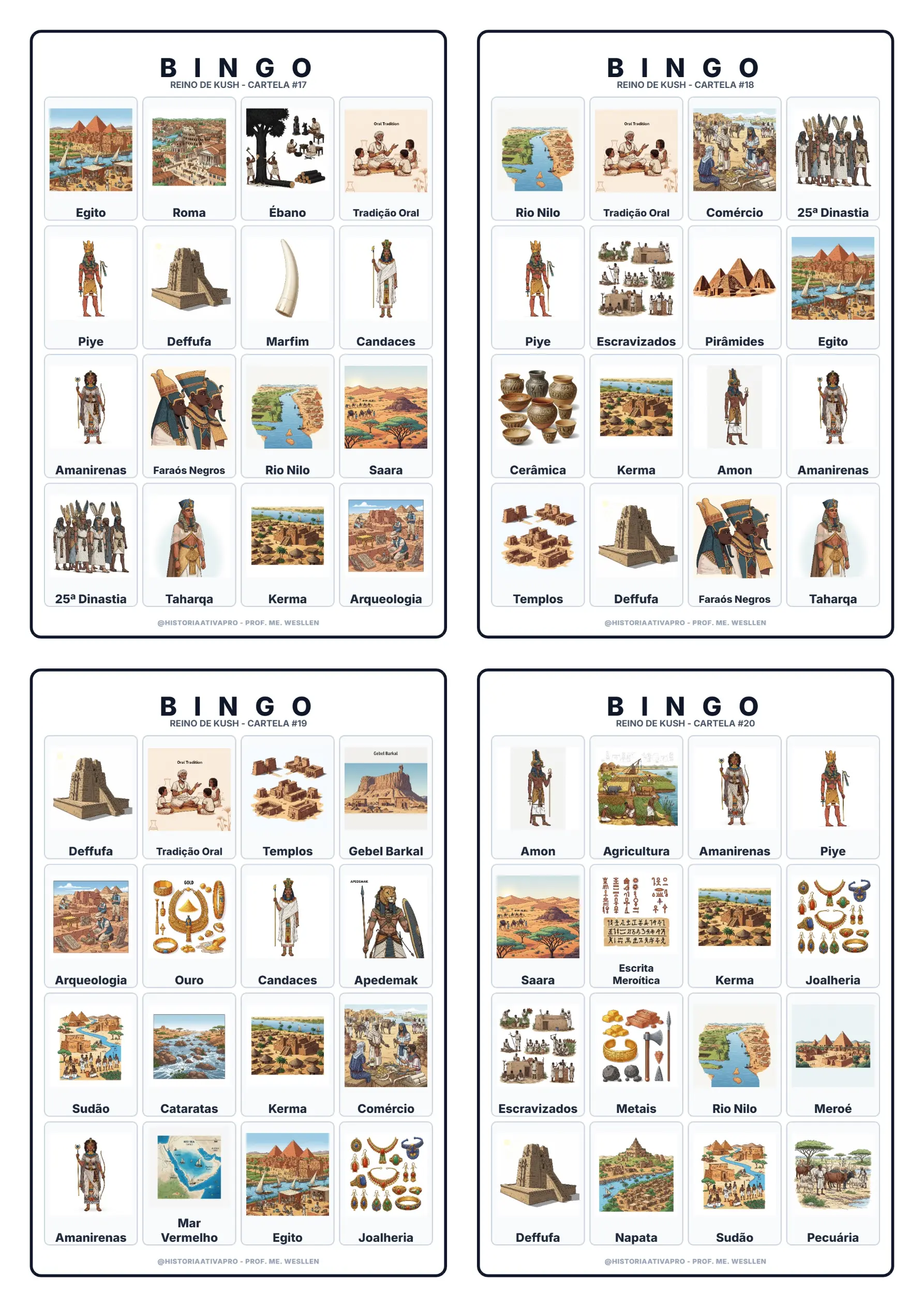 Bingo de História: Reino de Kush - 6º e 7º Ano — amostra 1: Jogo de Bingo sobre o Reino de Kush, os Faraós Negros e Méroe