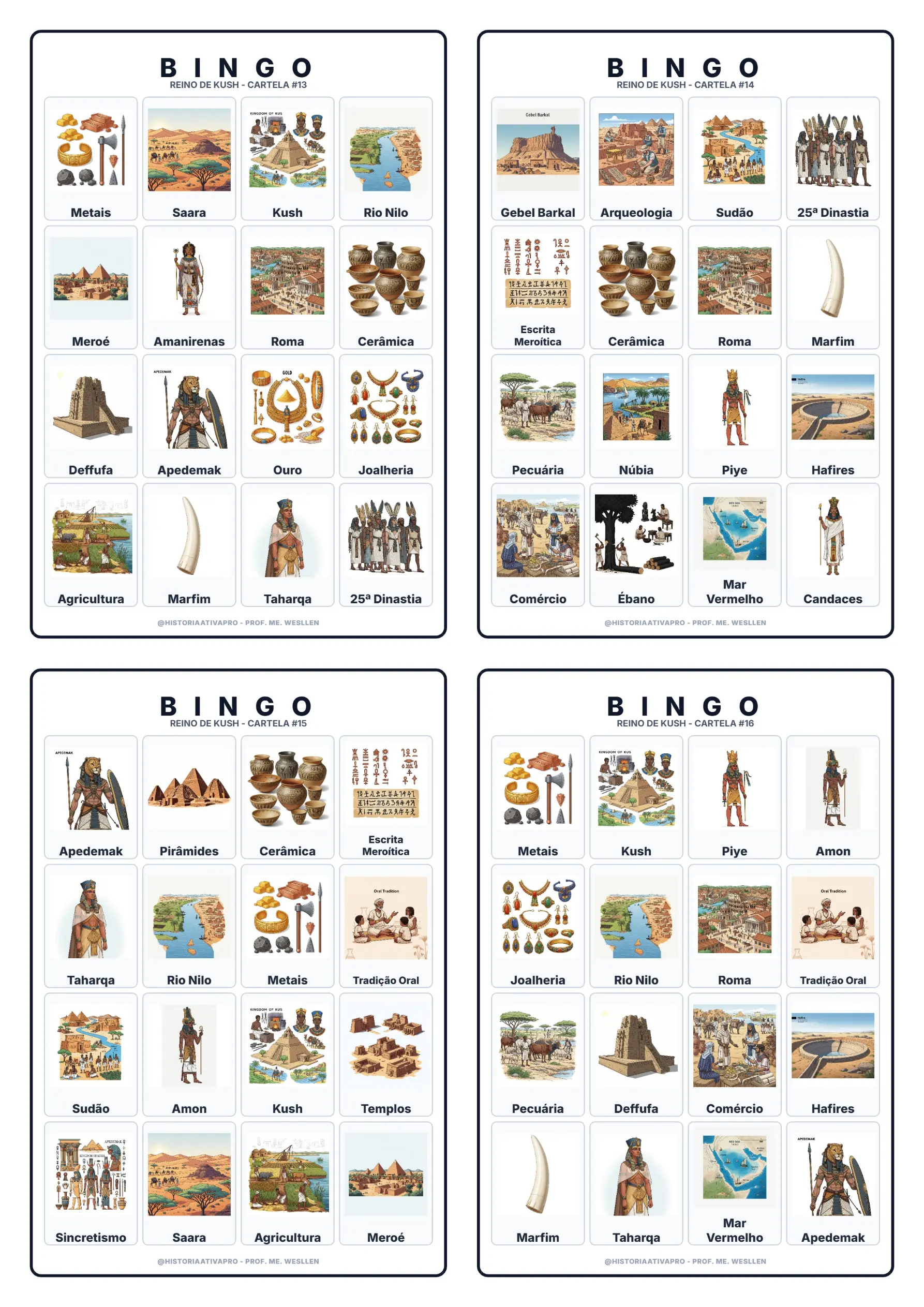 Bingo de História: Reino de Kush - 6º e 7º Ano — amostra 2: Jogo de Bingo sobre o Reino de Kush, os Faraós Negros e Méroe