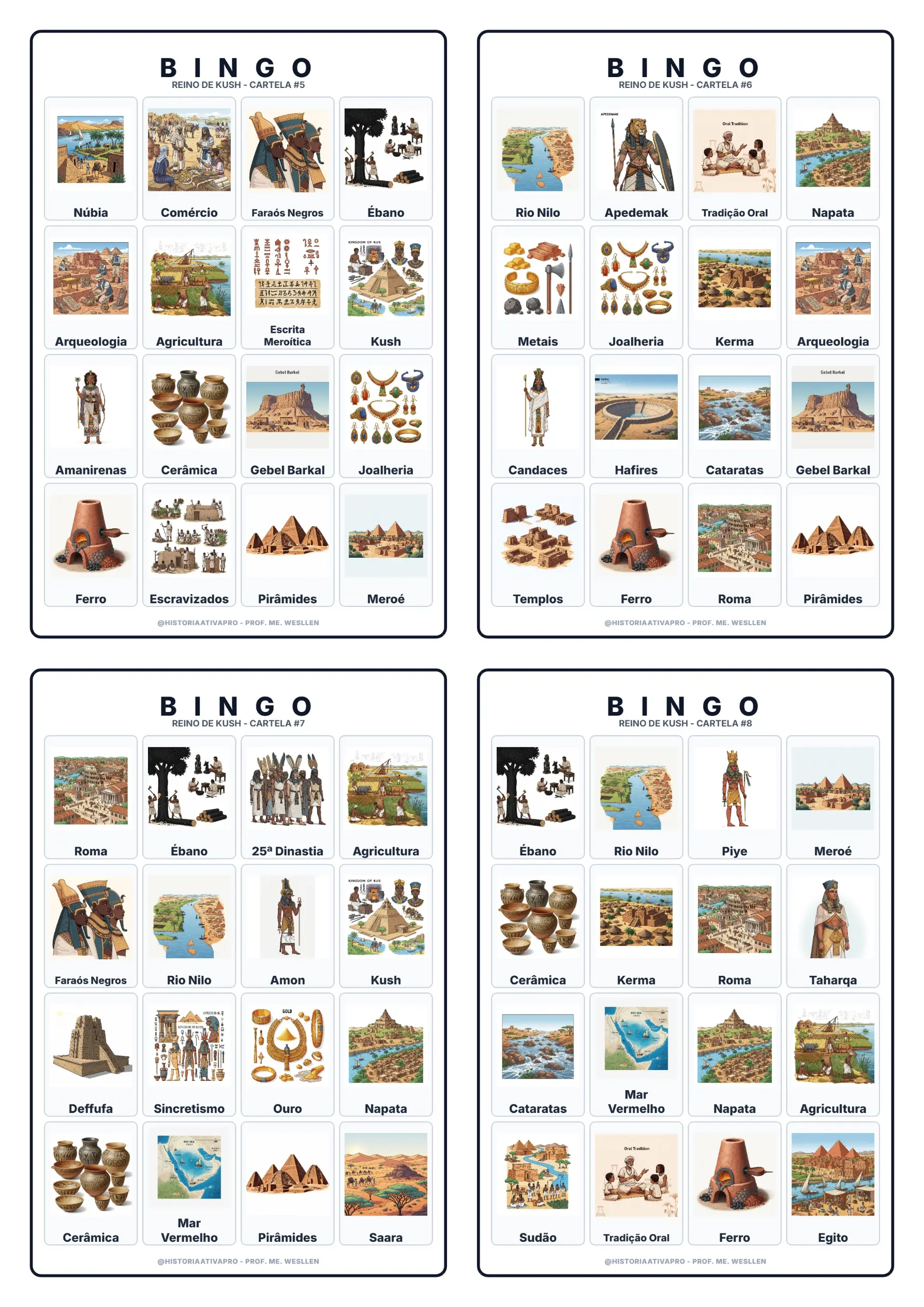Bingo de História: Reino de Kush - 6º e 7º Ano — amostra 4: Jogo de Bingo sobre o Reino de Kush, os Faraós Negros e Méroe