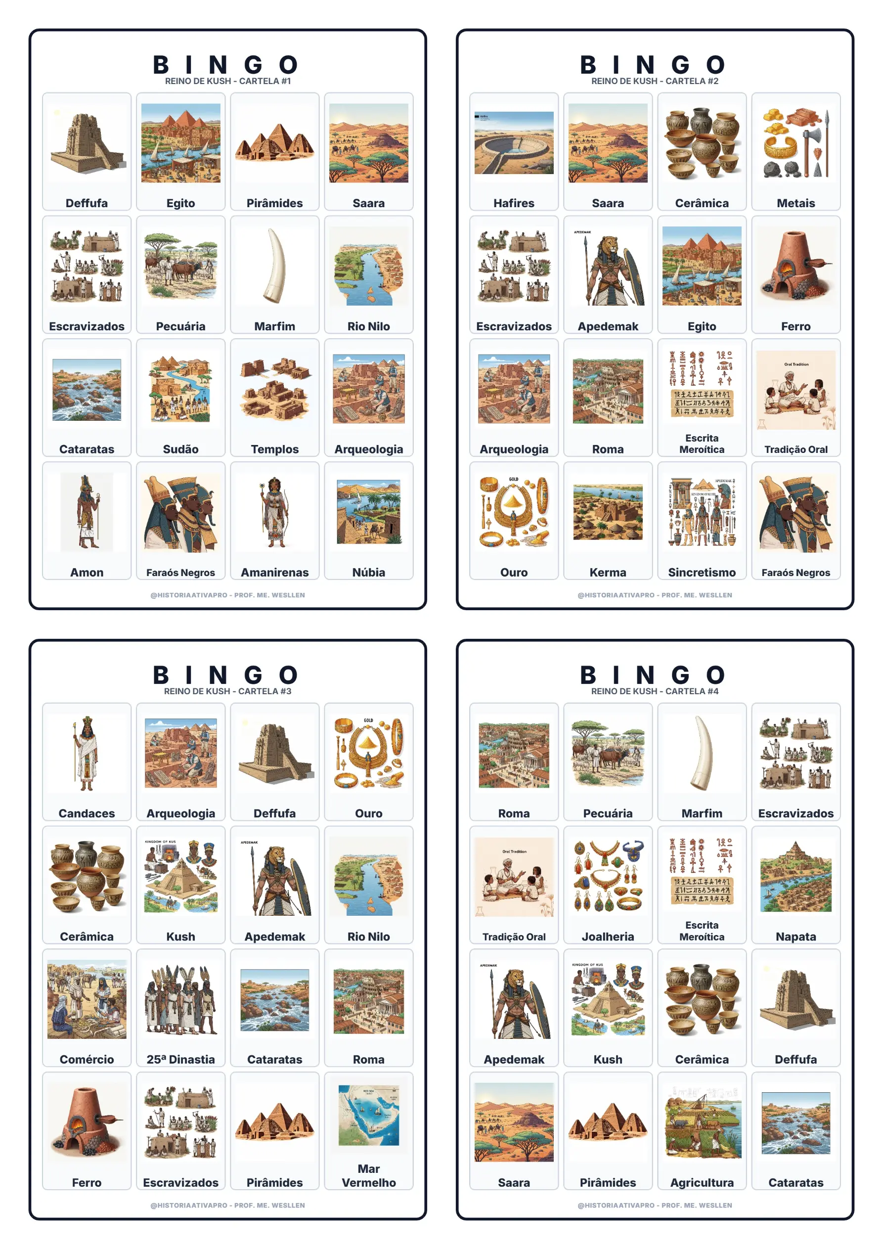 Bingo de História: Reino de Kush - 6º e 7º Ano — amostra 5: Jogo de Bingo sobre o Reino de Kush, os Faraós Negros e Méroe