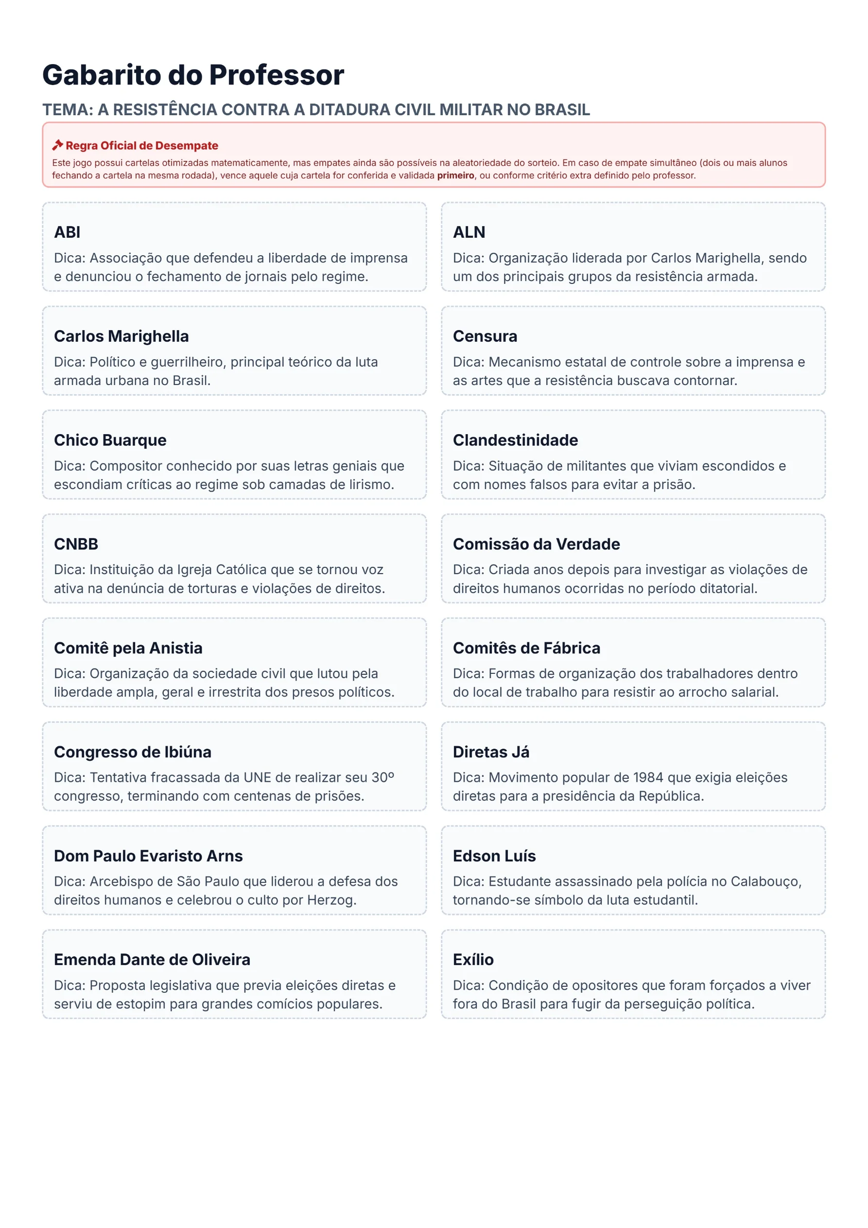 Bingo de História: Resistência à Ditadura - 9º Ano — amostra 1: O que é o material? O Bingo de História: A Resistência…