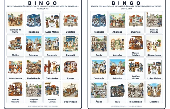 Bingo de História: Revolta dos Malês - 8º Ano — amostra 2: Jogo de Bingo sobre a Revolta dos Malês (1835) em Salvador Bingo de História: Revolta dos Malês - 8º Ano — amostra 2: Jogo de Bingo sobre a Revolta dos Malês (1835) em Salvador