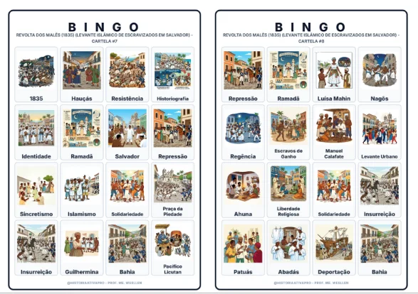 Bingo de História: Revolta dos Malês - 8º Ano — amostra 5: Jogo de Bingo sobre a Revolta dos Malês (1835) em Salvador Bingo de História: Revolta dos Malês - 8º Ano — amostra 5: Jogo de Bingo sobre a Revolta dos Malês (1835) em Salvador