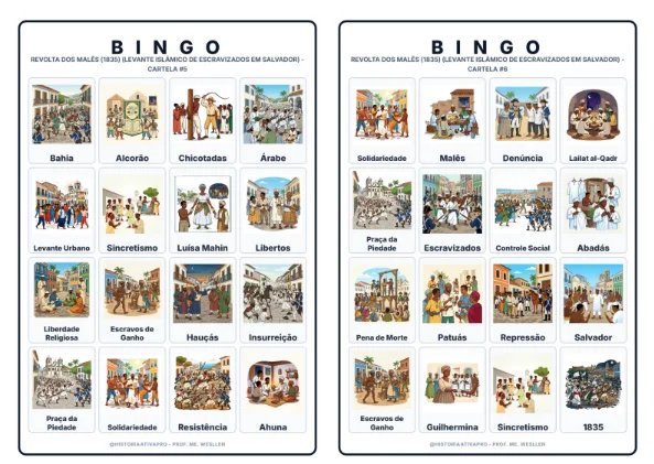 Bingo de História: Revolta dos Malês - 8º Ano — amostra 6: Jogo de Bingo sobre a Revolta dos Malês (1835) em Salvador Bingo de História: Revolta dos Malês - 8º Ano — amostra 6: Jogo de Bingo sobre a Revolta dos Malês (1835) em Salvador