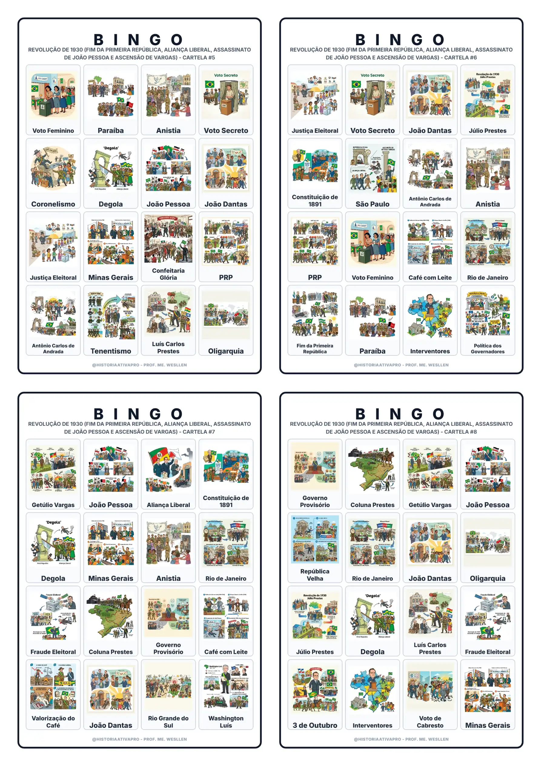 Bingo de História: Revolução de 1930 - 9º Ano — amostra 4: Jogo de Bingo sobre a Revolução de 1930 e a ascensão de Getúlio…
