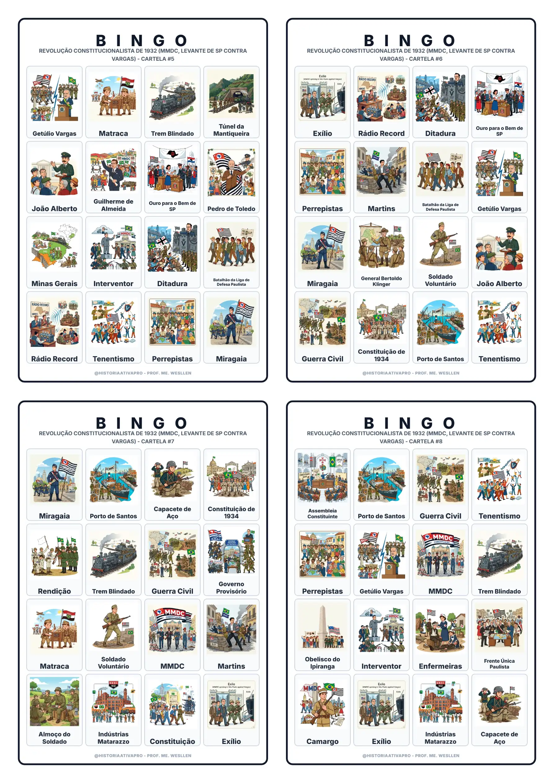 Bingo de História: Revolução de 1932 - 9º Ano — amostra 4: Jogo de Bingo sobre a Revolução Constitucionalista de 1932 e o…