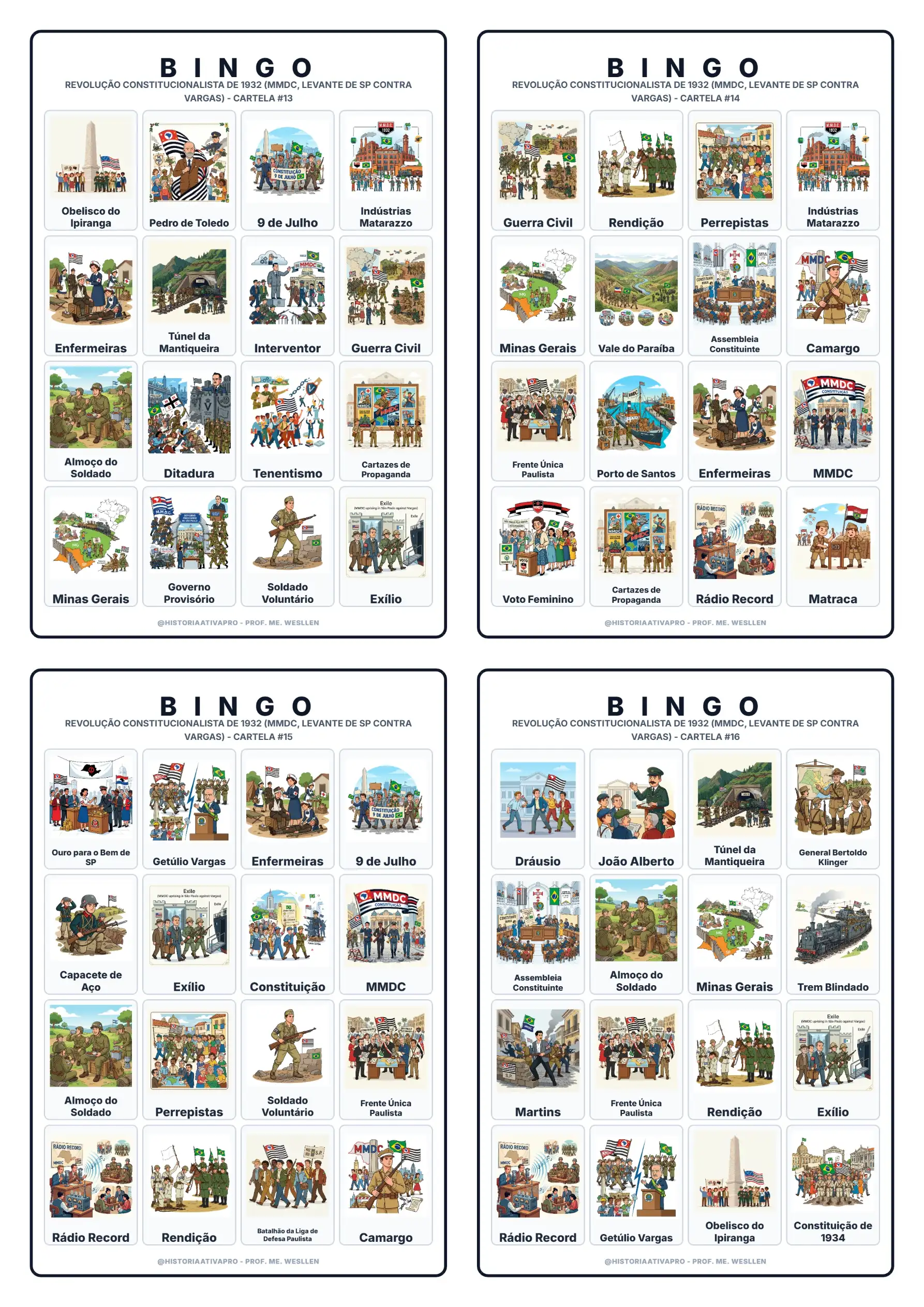 Bingo de História: Revolução de 1932 - 9º Ano — amostra 6: Jogo de Bingo sobre a Revolução Constitucionalista de 1932 e o…