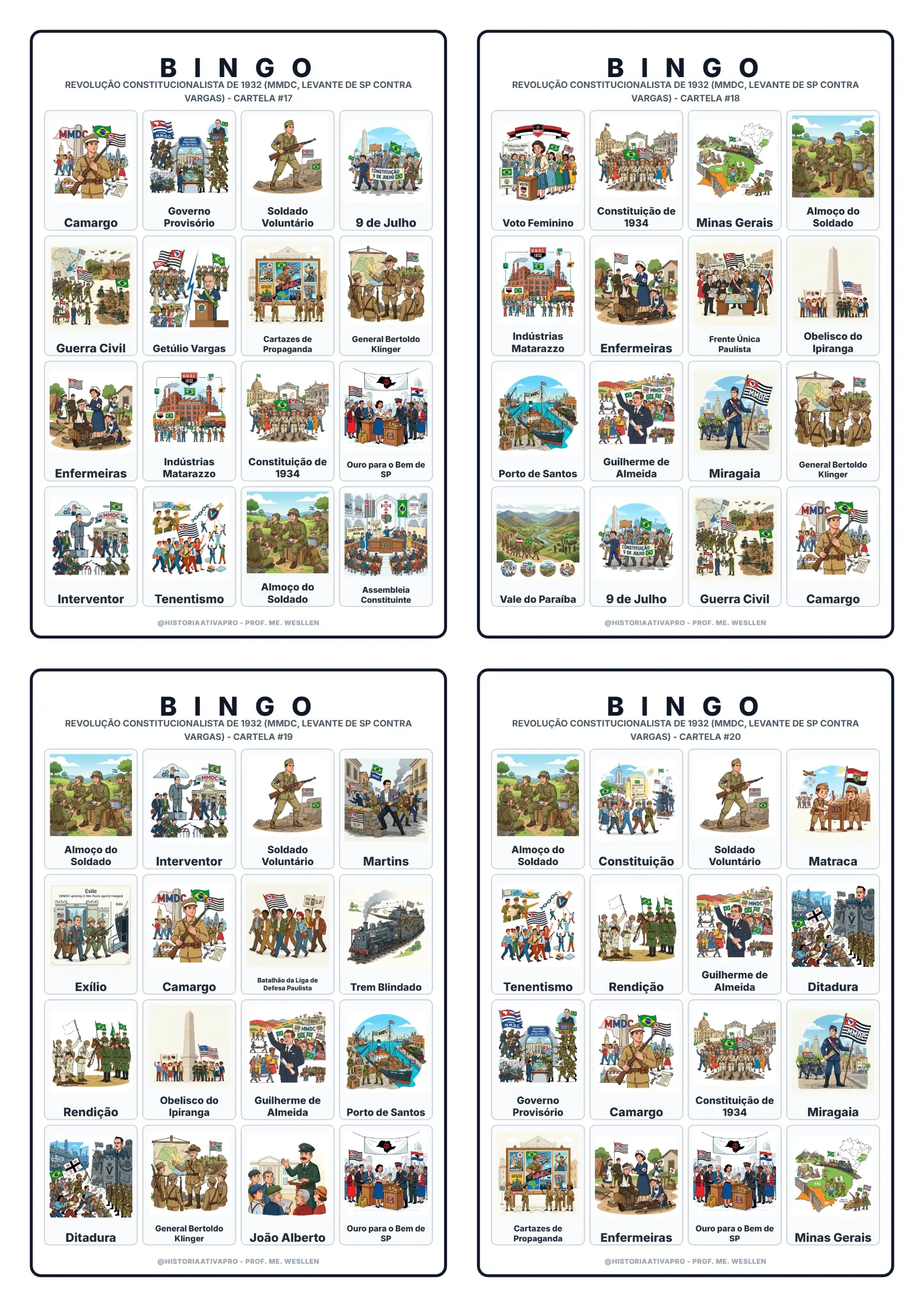 Bingo de História: Revolução de 1932 - 9º Ano — amostra 7: Jogo de Bingo sobre a Revolução Constitucionalista de 1932 e o…