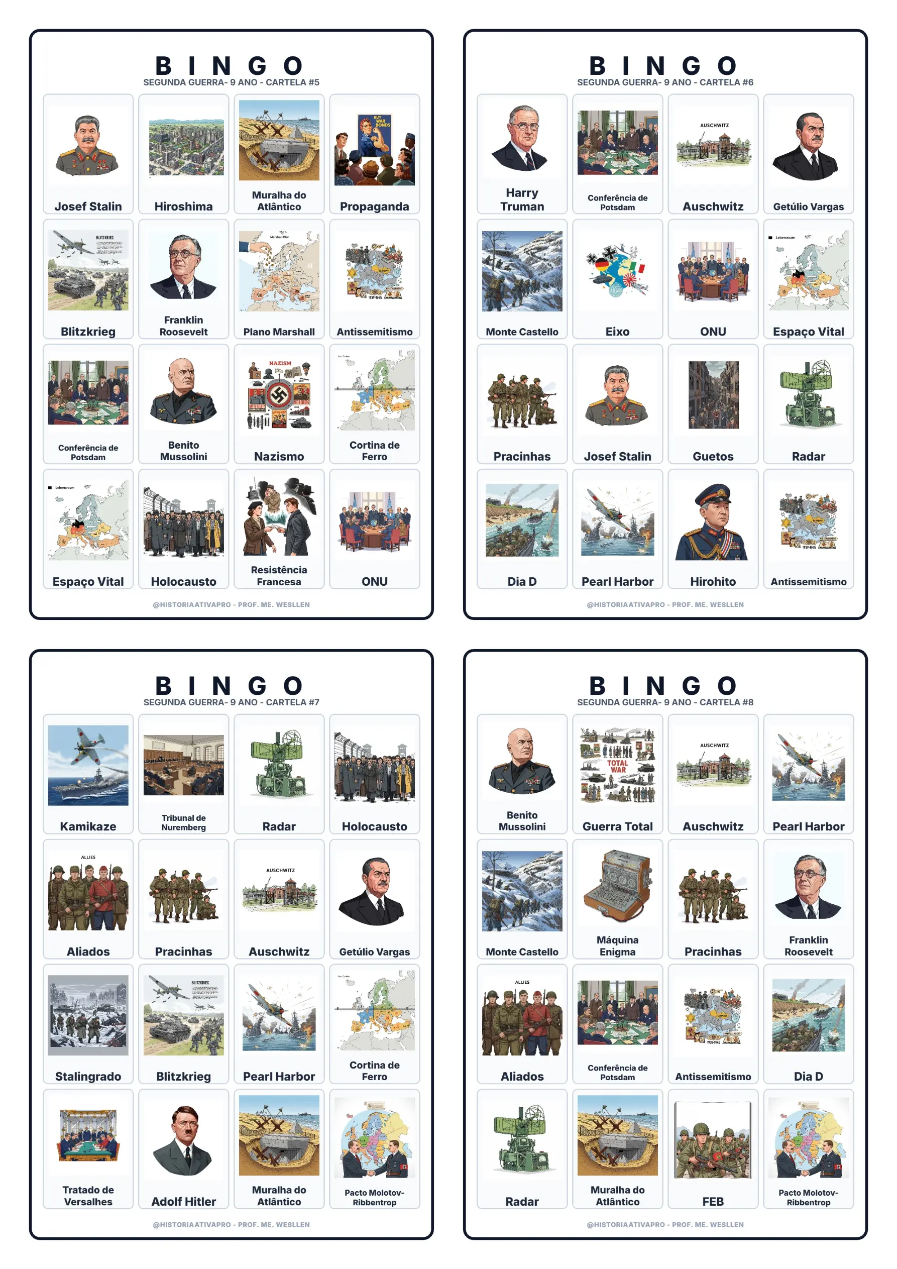 Bingo de História: Segunda Guerra Mundial - 9º Ano e Ensino Médio — amostra 4: Jogo de Bingo sobre a Segunda Guerra…