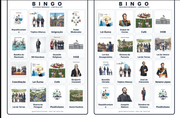 Bingo de História: Segundo Reinado - 8º Ano — amostra 3: Jogo de Bingo sobre o Segundo Reinado (1840–1889) e D