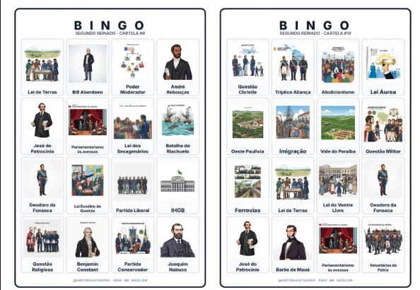 Bingo de História: Segundo Reinado - 8º Ano — amostra 4: Jogo de Bingo sobre o Segundo Reinado (1840–1889) e D