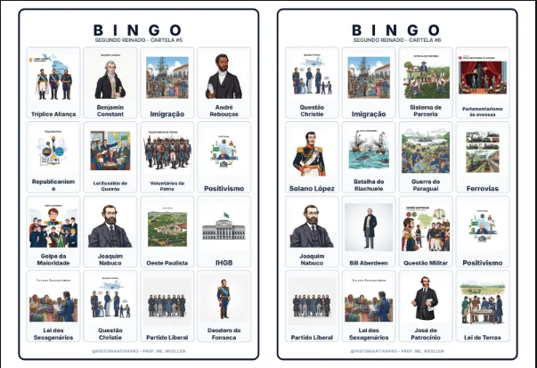 Bingo de História: Segundo Reinado - 8º Ano — amostra 7: Jogo de Bingo sobre o Segundo Reinado (1840–1889) e D