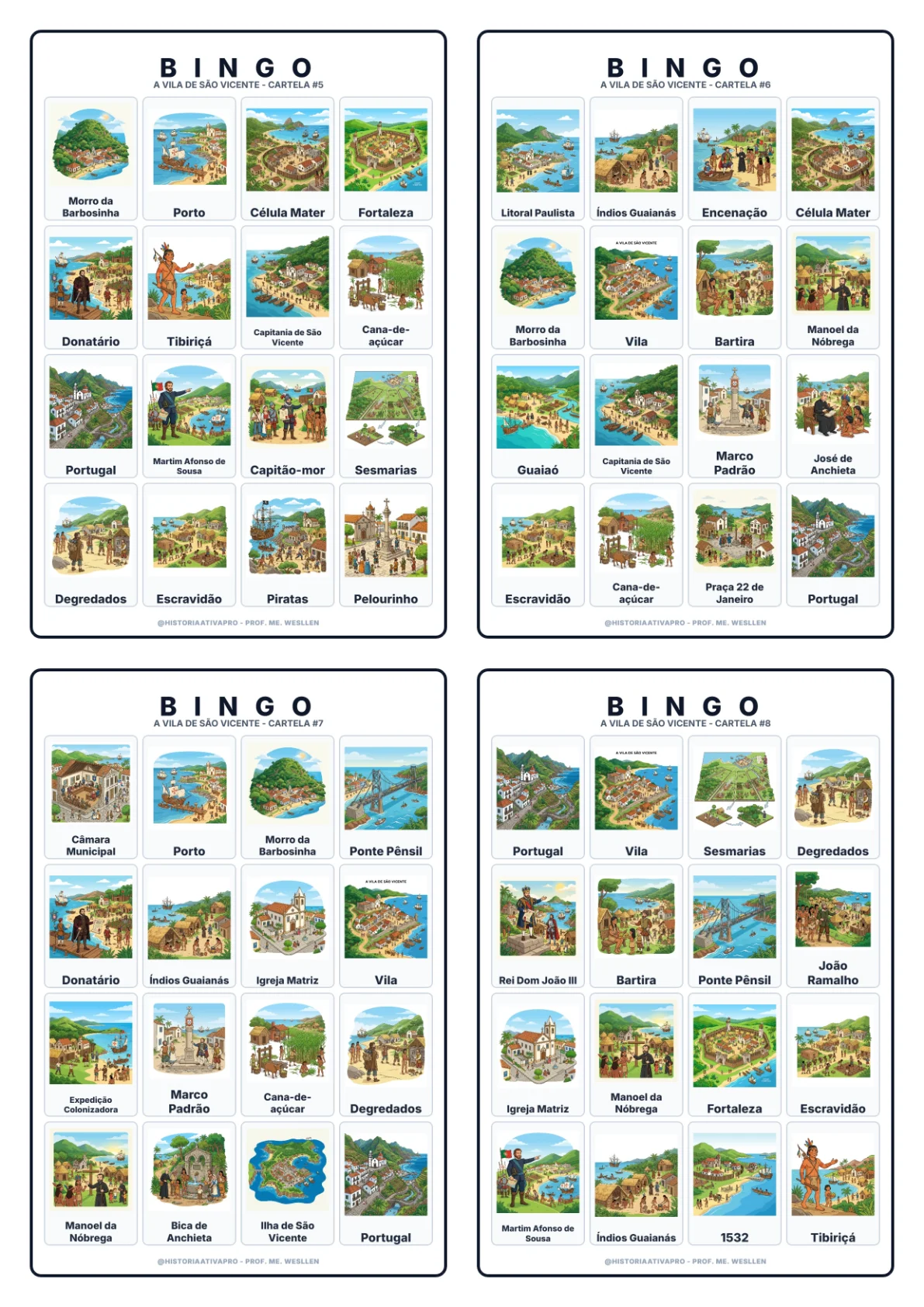 Bingo de História: Vila de São Vicente - 7º Ano — amostra 4: Jogo de Bingo sobre a fundação da Vila de São Vicente (1532) e…