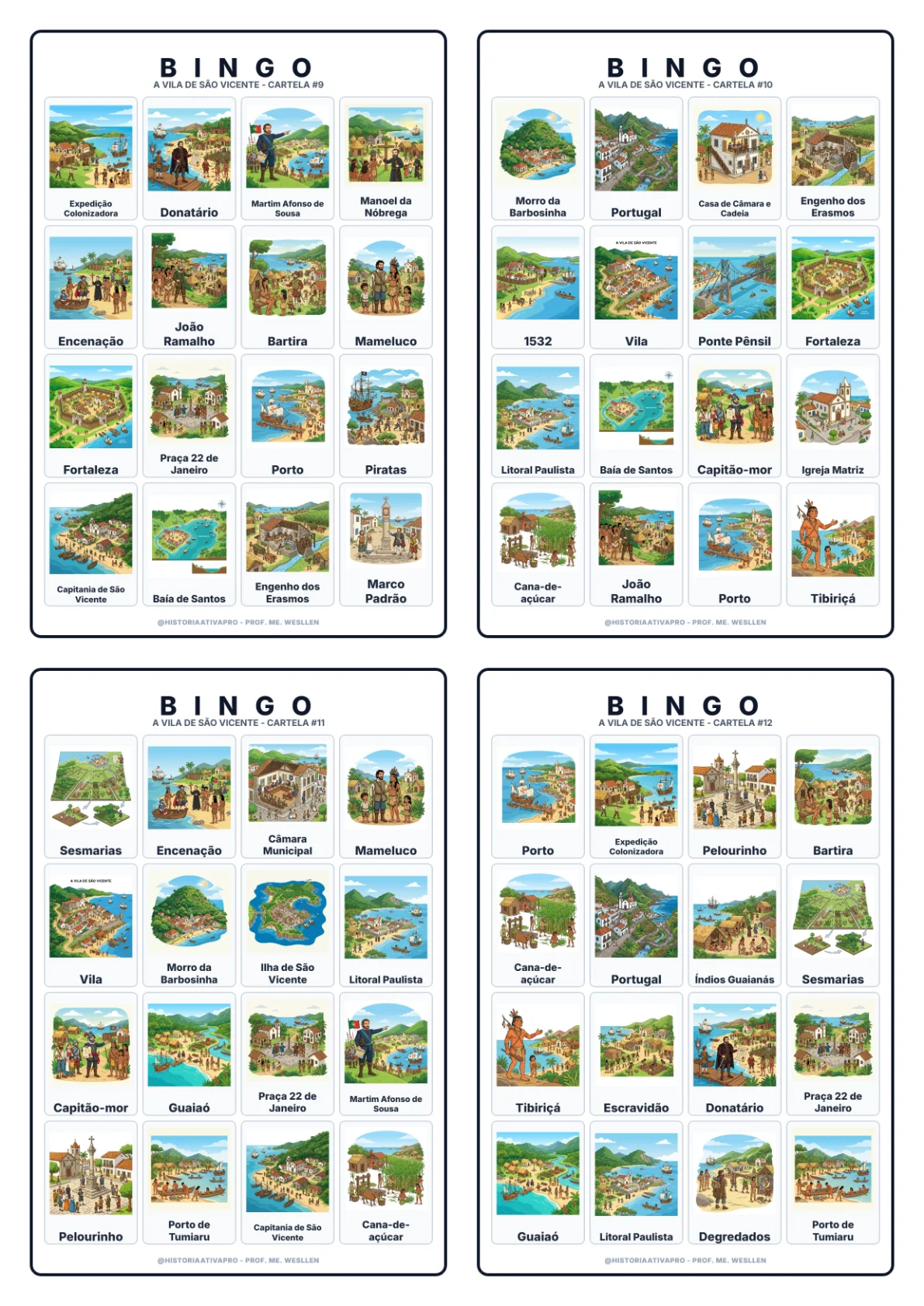 Bingo de História: Vila de São Vicente - 7º Ano — amostra 5: Jogo de Bingo sobre a fundação da Vila de São Vicente (1532) e…