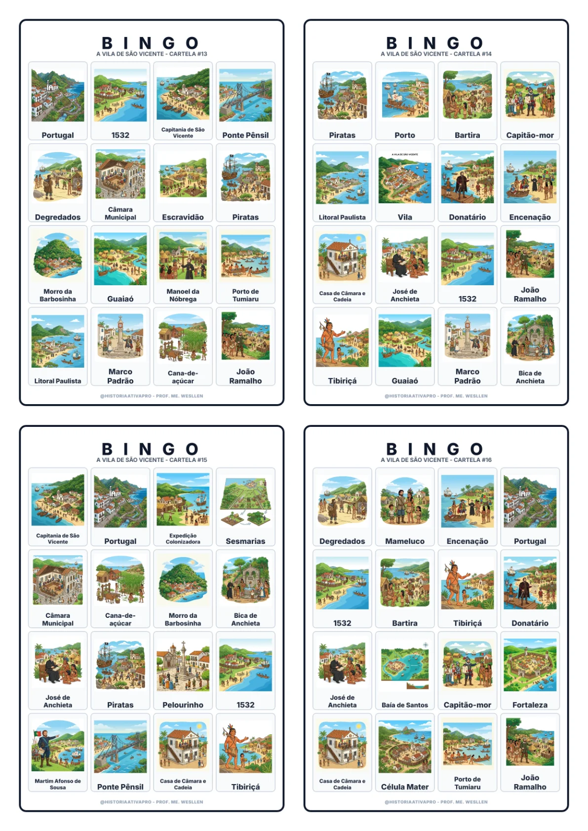 Bingo de História: Vila de São Vicente - 7º Ano — amostra 6: Jogo de Bingo sobre a fundação da Vila de São Vicente (1532) e…