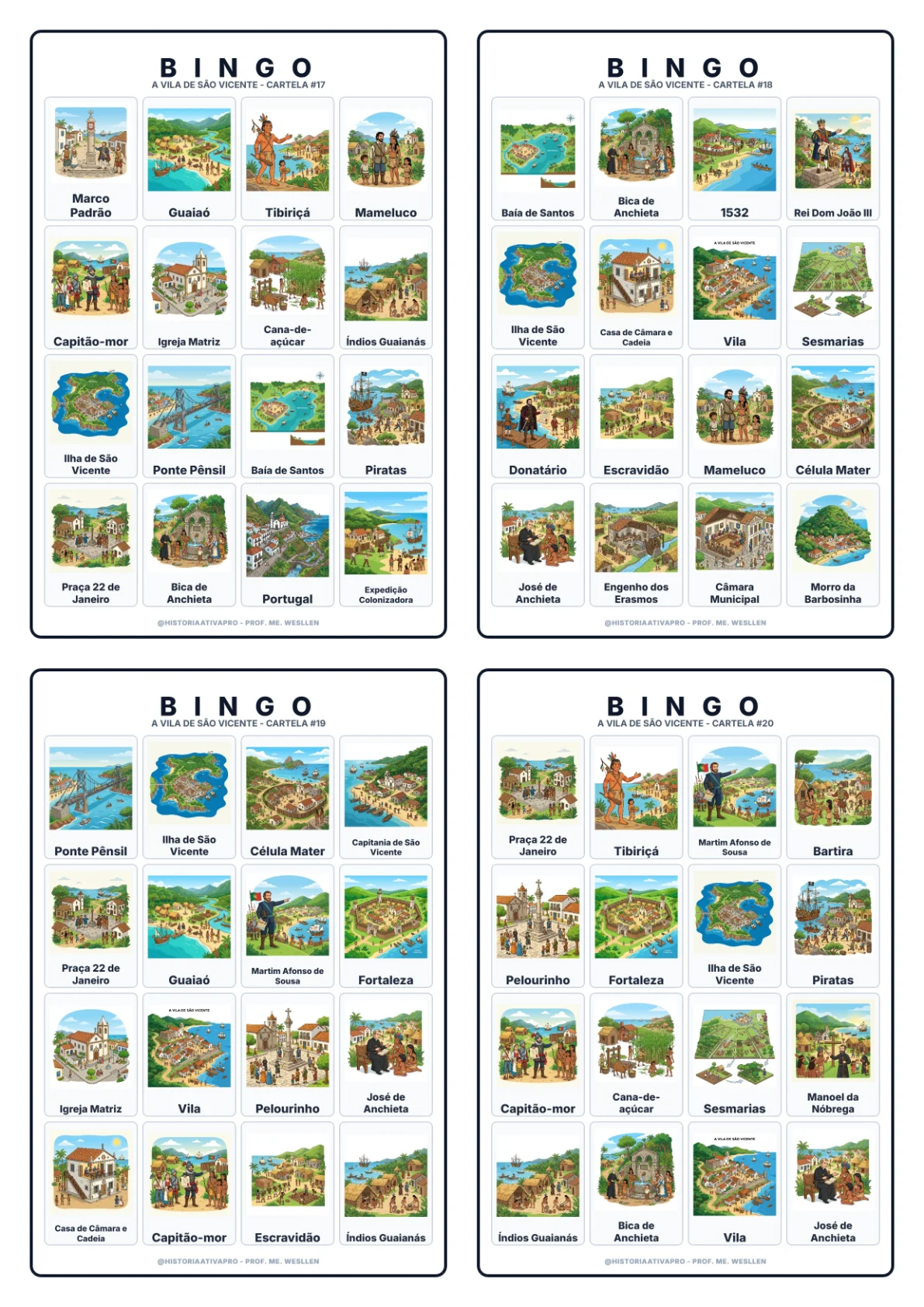 Bingo de História: Vila de São Vicente - 7º Ano — amostra 7: Jogo de Bingo sobre a fundação da Vila de São Vicente (1532) e…