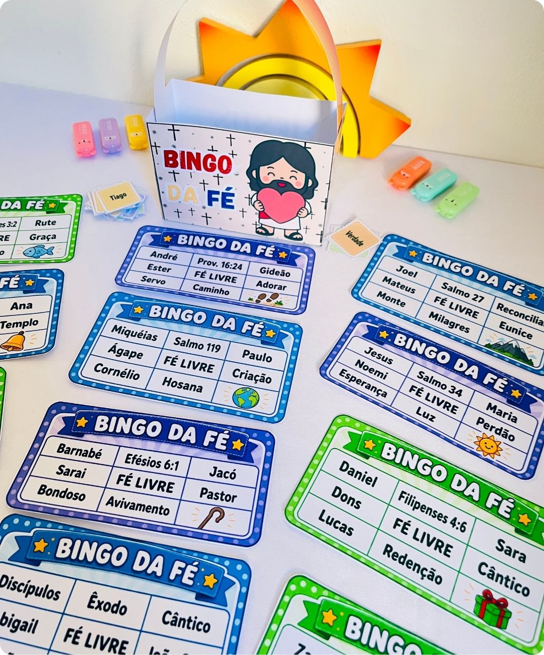 Bingo de temas bíblicos para imprimir — amostra 1: Uma brincadeira para conversar sobre a fé