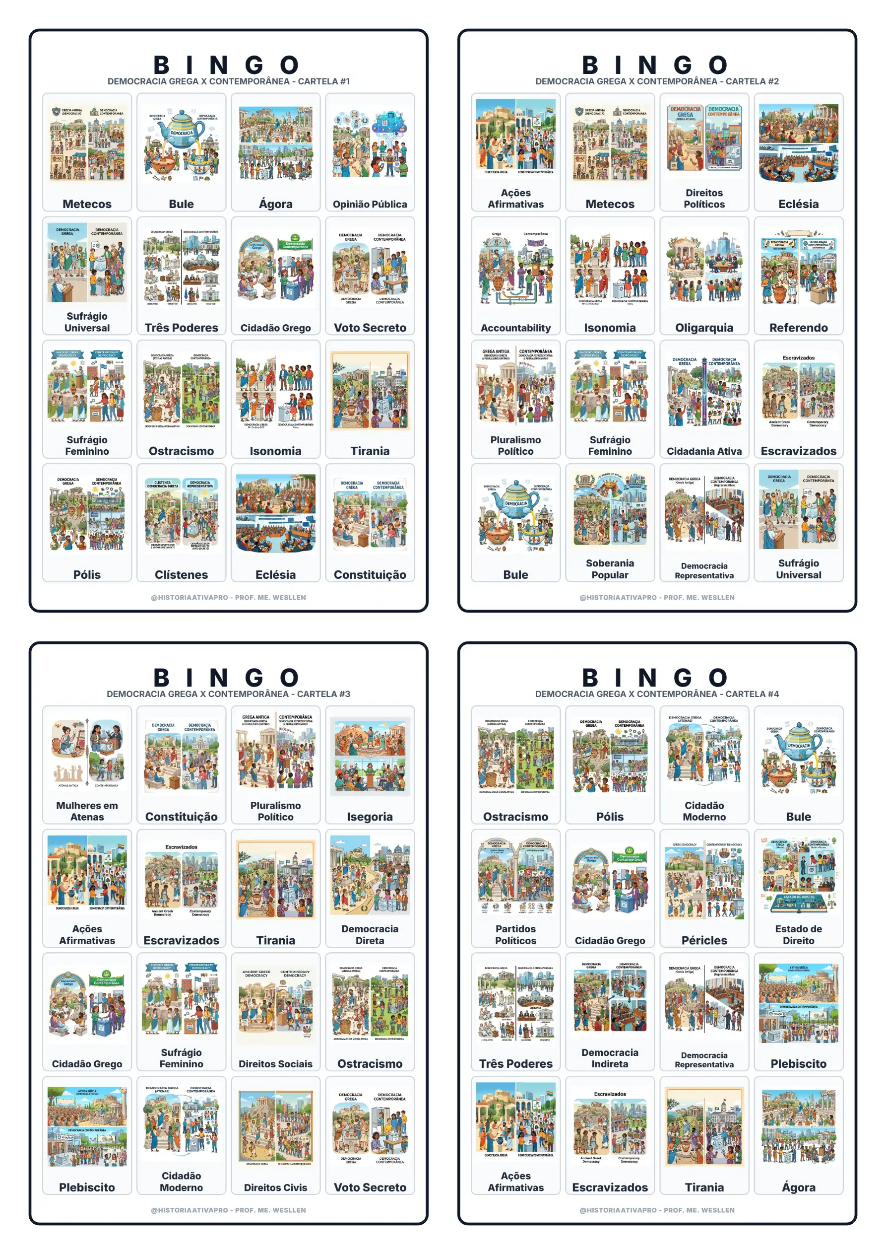 Bingo Democracia e Cidadania: Grécia x Atualidade — Jogos pedagógicos para Fundamental II (6º–9º): Bingo com 40 cartelas…