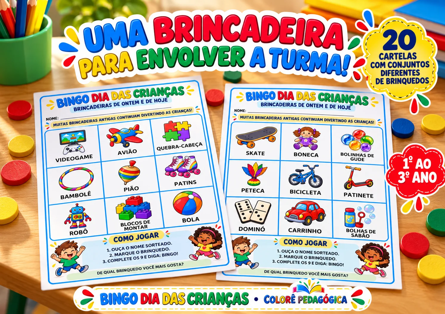 Bingo Dia das Crianças: Brincadeiras de Ontem e de Hoje | 20 Cartelas — amostra 1: 📥 Produto digital em PDF. Nenhum…