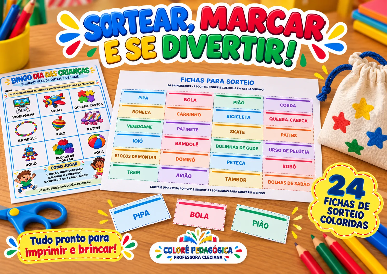 Bingo Dia das Crianças: Brincadeiras de Ontem e de Hoje | 20 Cartelas — amostra 2: Bingo ilustrado com 20 cartelas…
