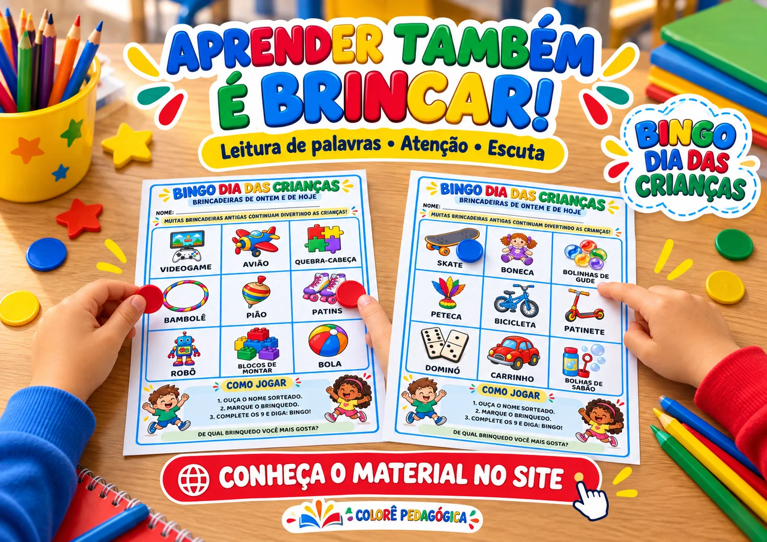 Bingo Dia das Crianças: Brincadeiras de Ontem e de Hoje | 20 Cartelas — amostra 3: Bingo ilustrado com 20 cartelas…