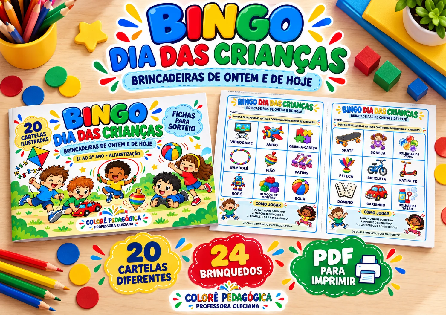 Bingo Dia das Crianças: Brincadeiras de Ontem e de Hoje | 20 Cartelas — Alfabetização para 1º ano: Bingo ilustrado com 20…