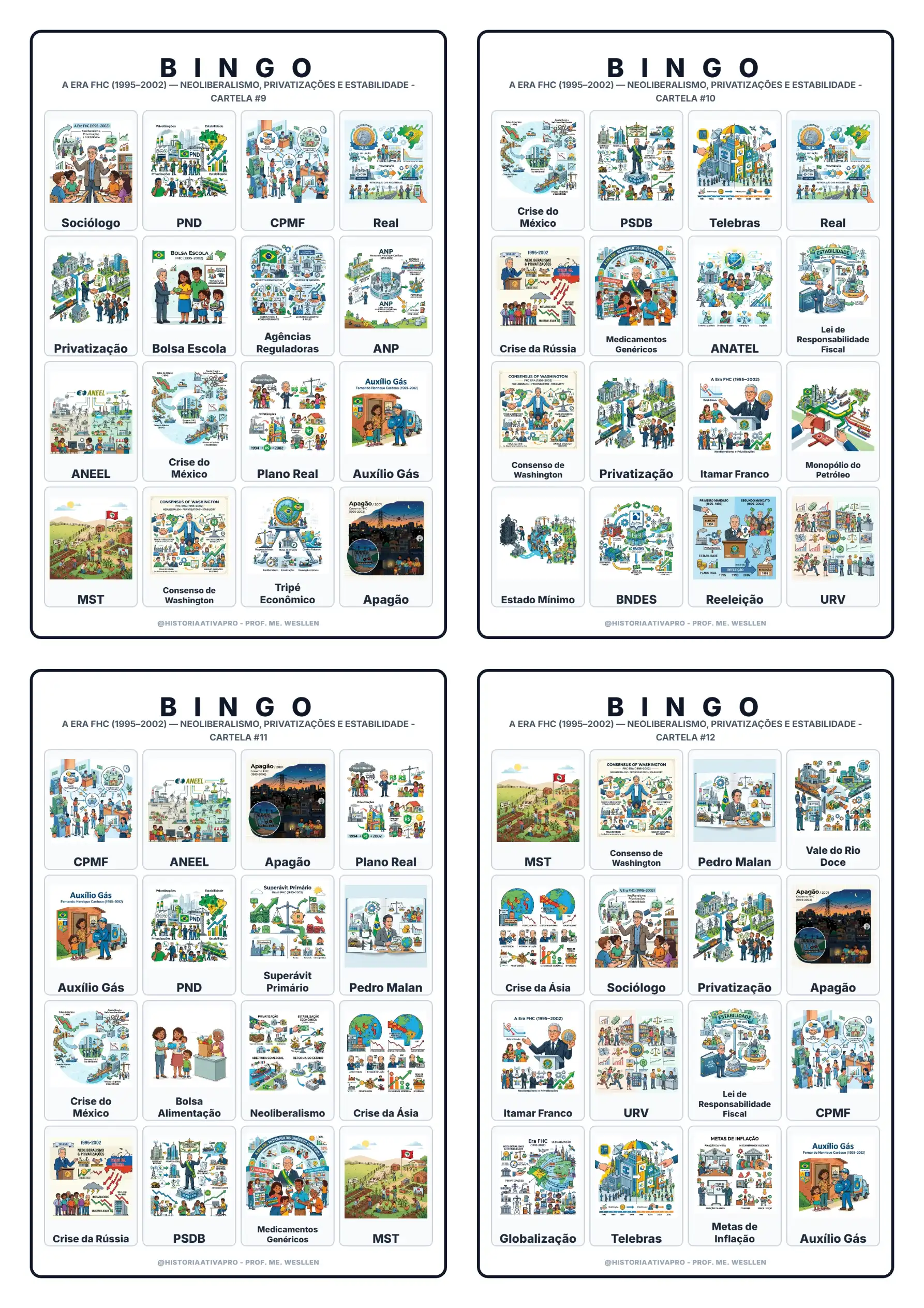 Bingo didático de História: A Era FHC - 9º Ano — amostra 5: Jogo de Bingo sobre a Era FHC (1995–2002)