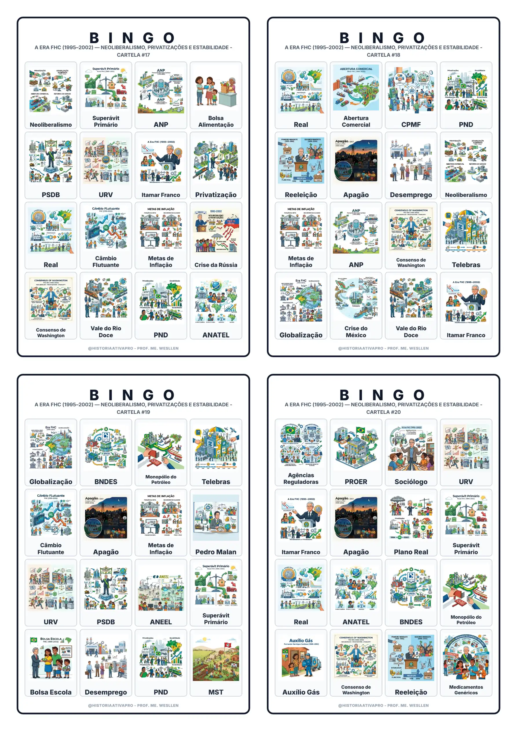 Bingo didático de História: A Era FHC - 9º Ano — amostra 7: Jogo de Bingo sobre a Era FHC (1995–2002)