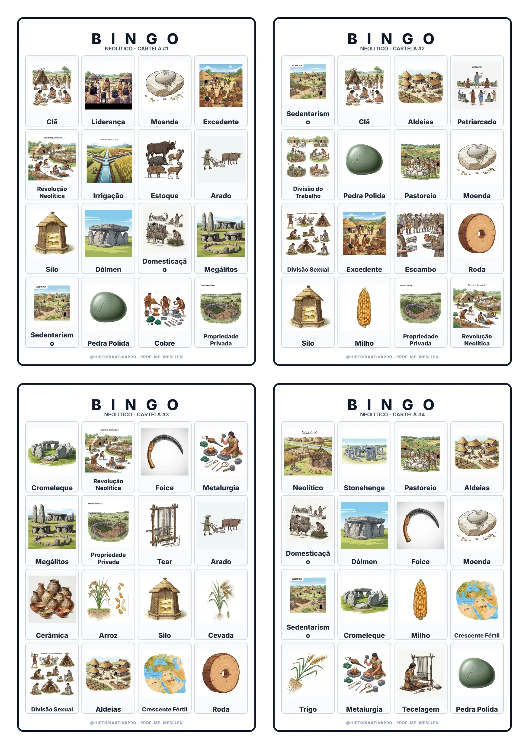 Bingo didático de História: Neolítico - 6º Ano — amostra 7: Jogo de Bingo sobre o Neolítico e a Revolução Agrícola