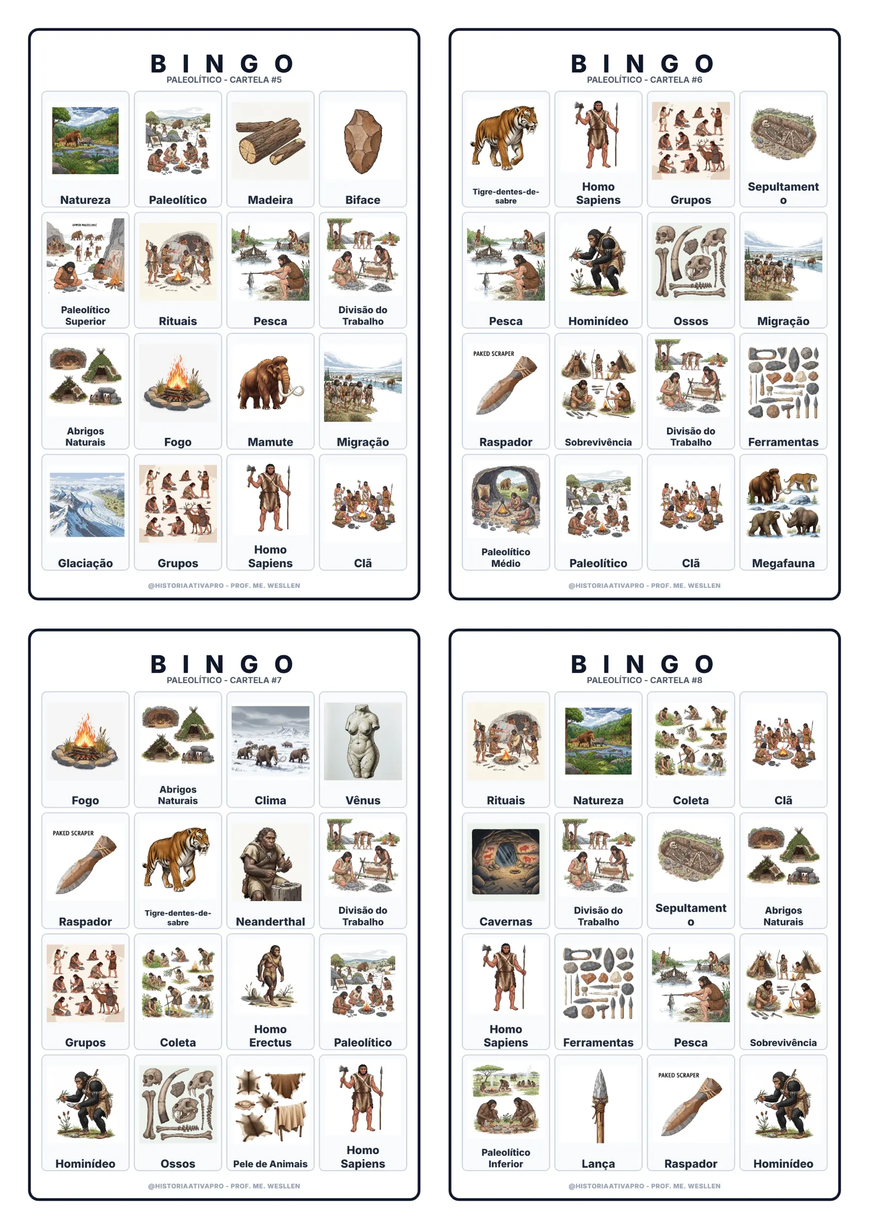 Bingo didático de História: Paleolítico - 6º Ano — amostra 4: Jogo de Bingo sobre o Paleolítico e a Idade da Pedra Lascada