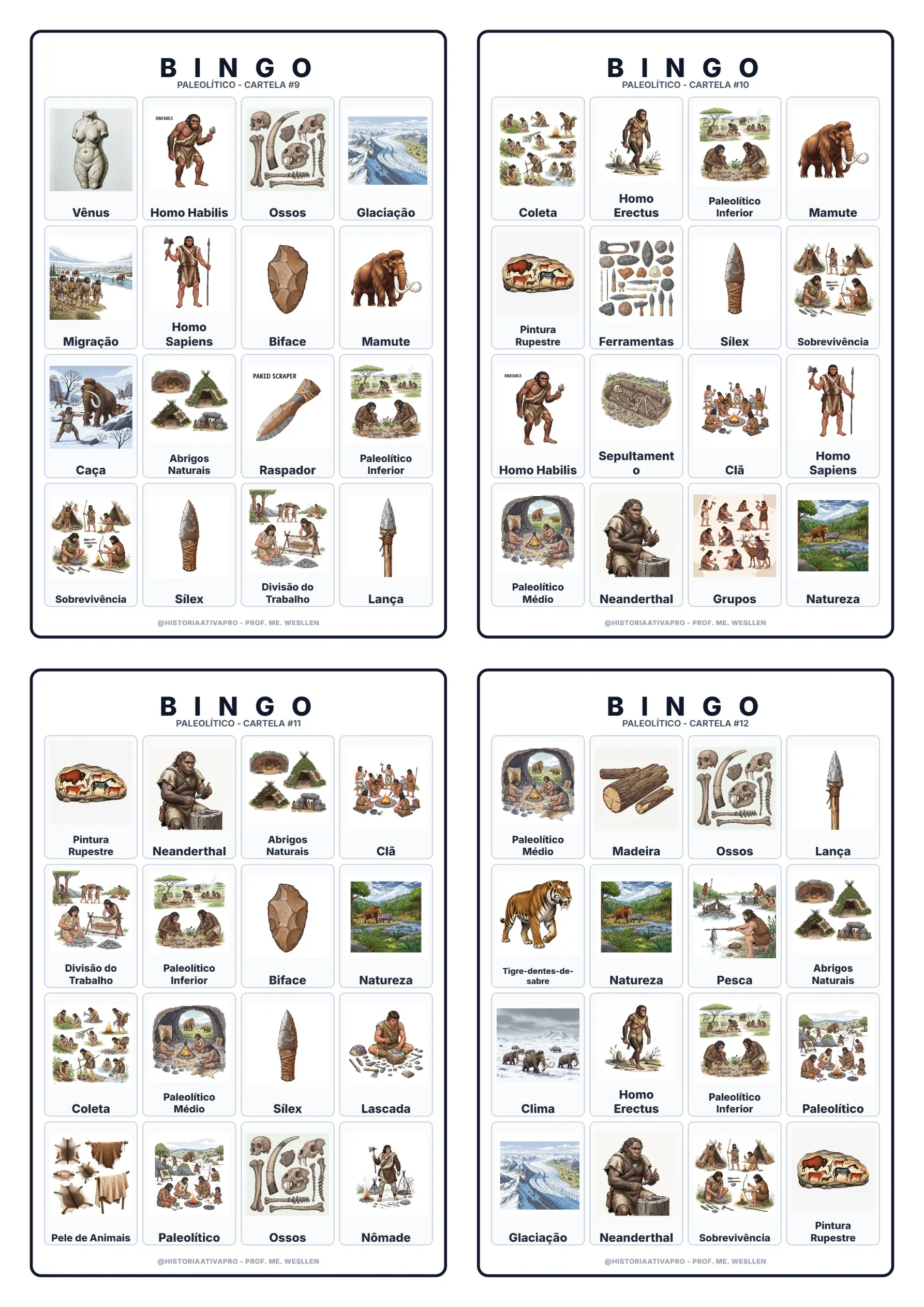 Bingo didático de História: Paleolítico - 6º Ano — amostra 5: Jogo de Bingo sobre o Paleolítico e a Idade da Pedra Lascada