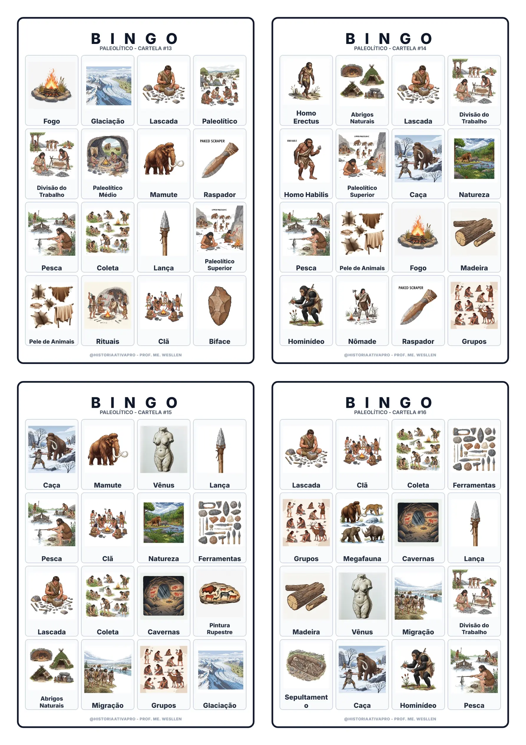 Bingo didático de História: Paleolítico - 6º Ano — amostra 6: Jogo de Bingo sobre o Paleolítico e a Idade da Pedra Lascada
