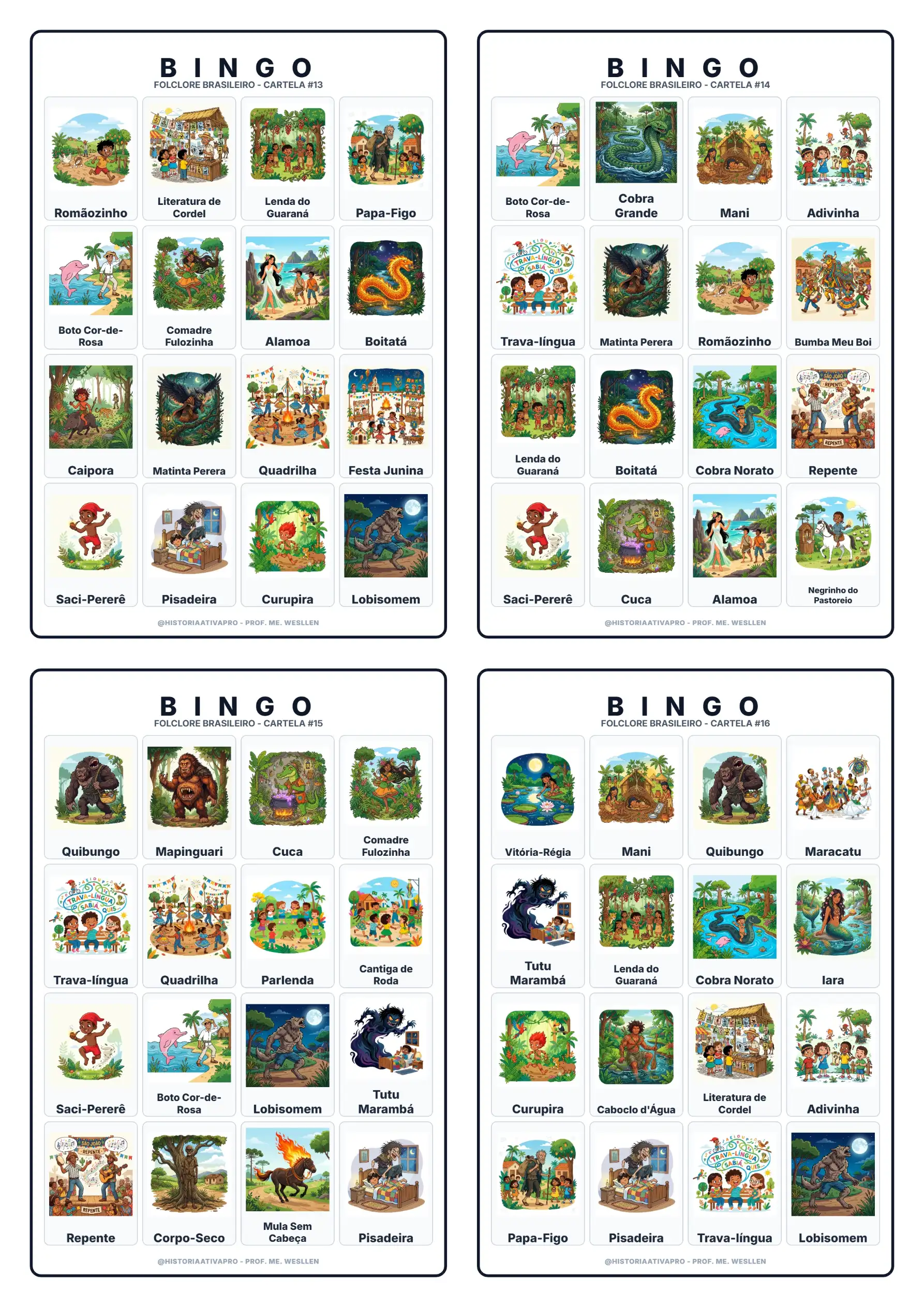 Bingo do Folclore Brasileiro: 40 Cartelas + Gabarito — amostra 2: Jogo de bingo com 40 cartelas ilustradas sobre o folclore…