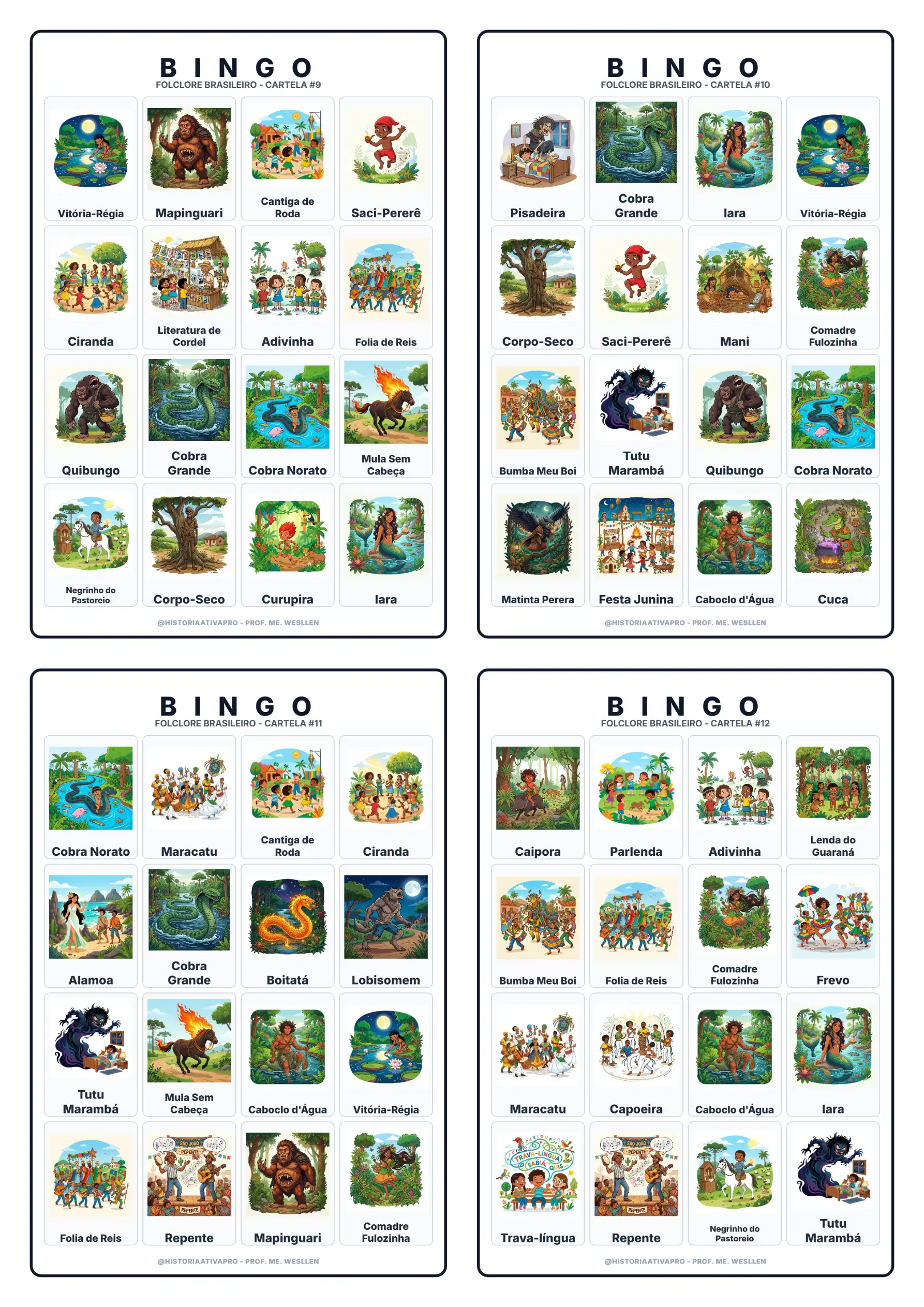 Bingo do Folclore Brasileiro: 40 Cartelas + Gabarito — amostra 3: Jogo de bingo com 40 cartelas ilustradas sobre o folclore…