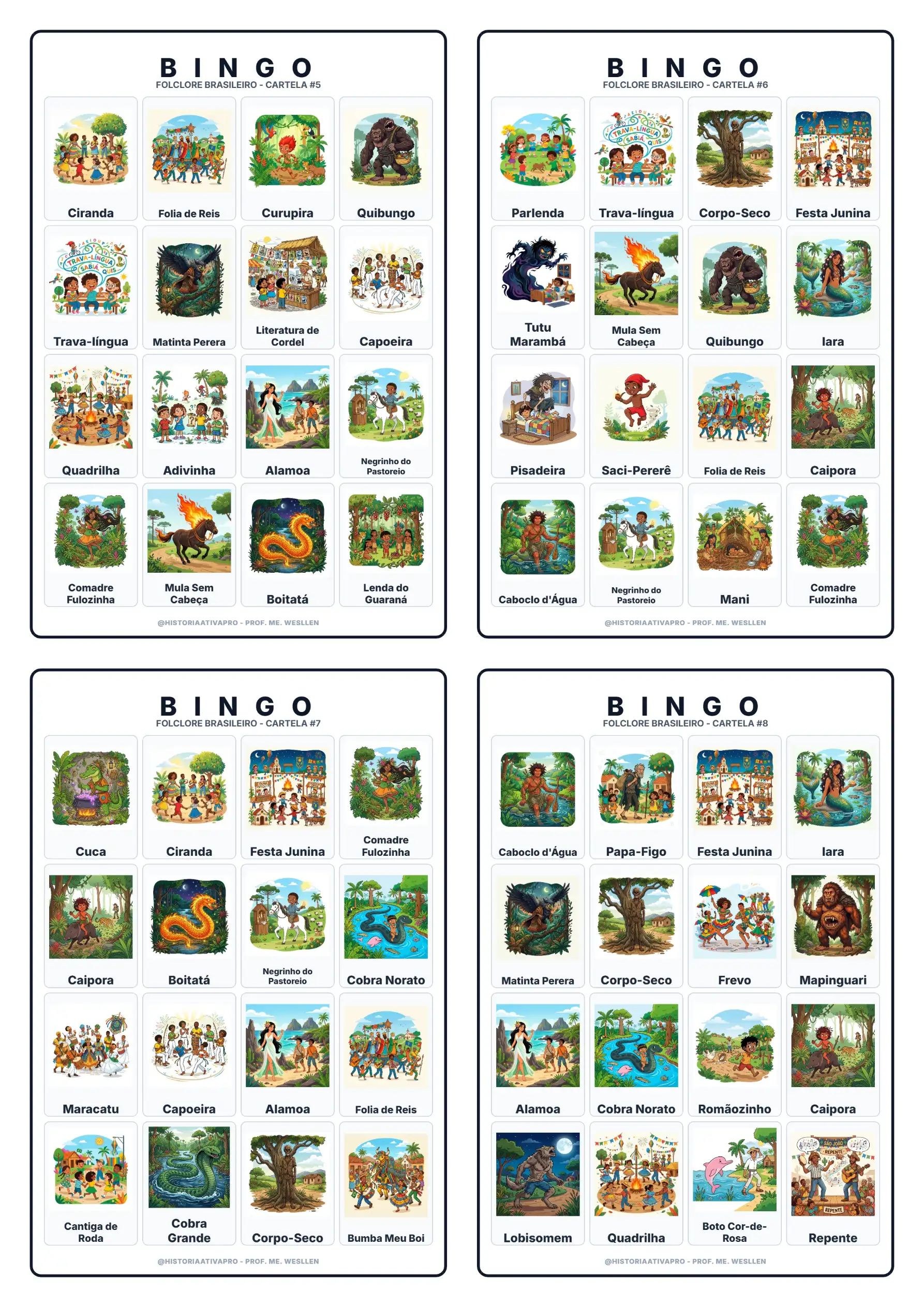 Bingo do Folclore Brasileiro: 40 Cartelas + Gabarito — amostra 4: Jogo de bingo com 40 cartelas ilustradas sobre o folclore…